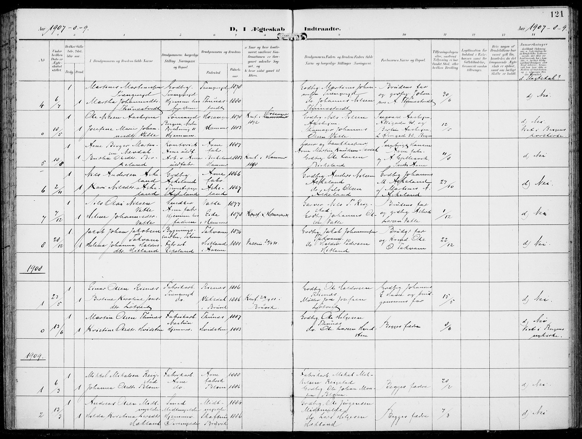 Haus sokneprestembete, SAB/A-75601/H/Haa: Parish register (official) no. B  2, 1899-1912, p. 121