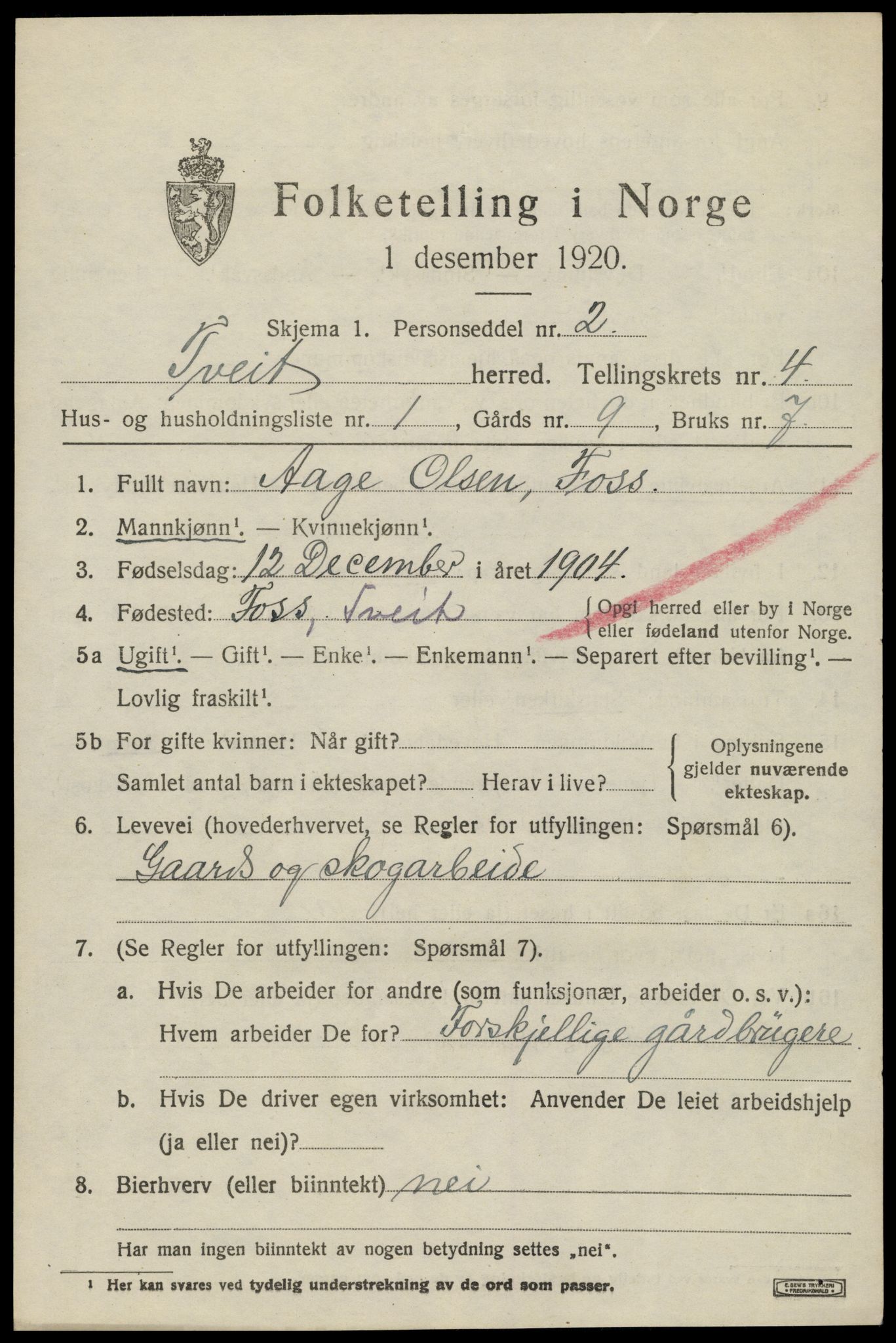 SAK, 1920 census for Tveit, 1920, p. 1980