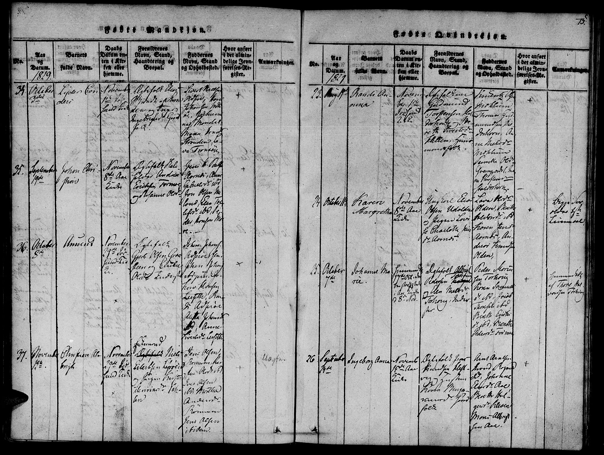 Ministerialprotokoller, klokkerbøker og fødselsregistre - Sør-Trøndelag, AV/SAT-A-1456/655/L0675: Parish register (official) no. 655A04, 1818-1830, p. 75