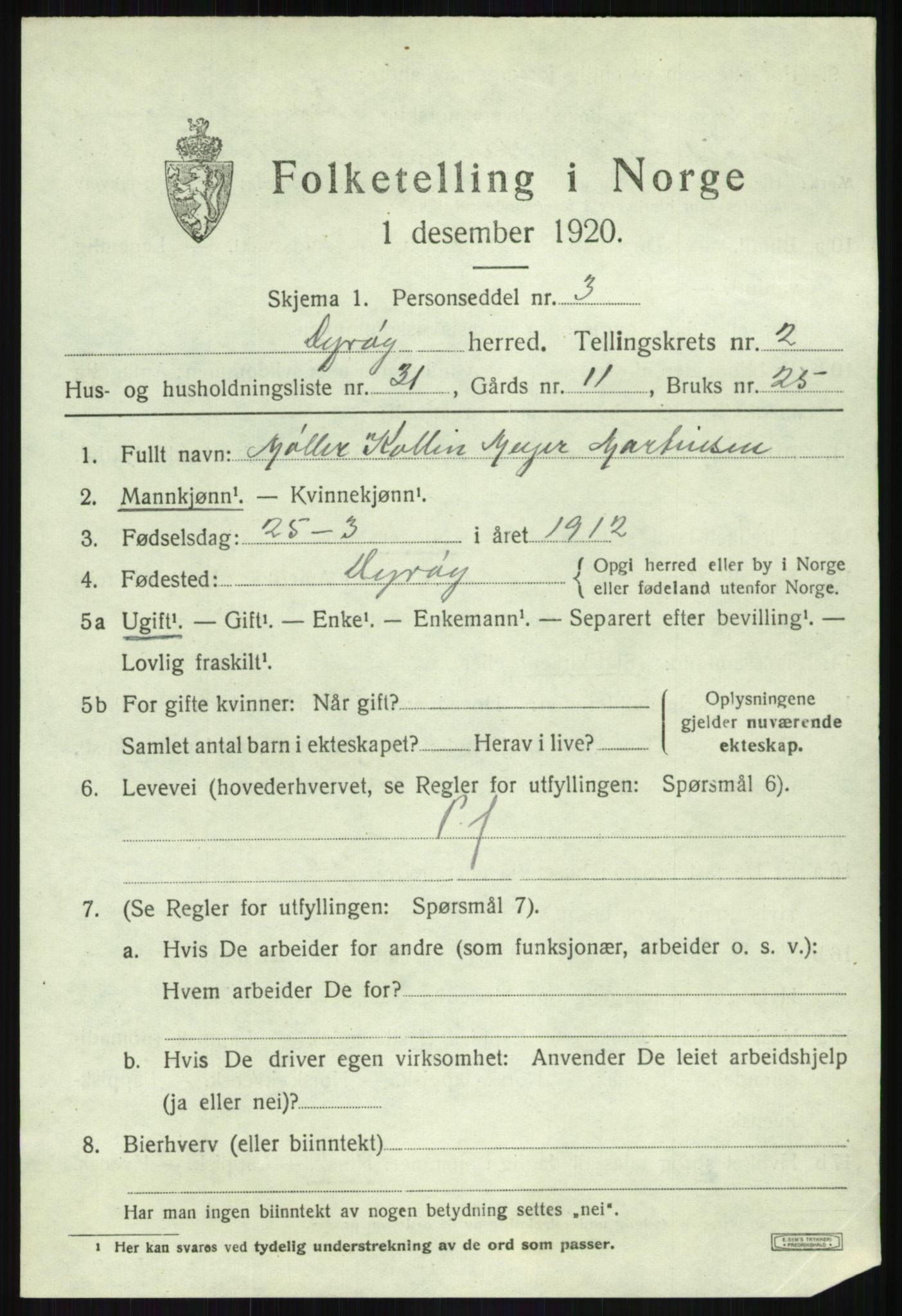 SATØ, 1920 census for Dyrøy, 1920, p. 1653