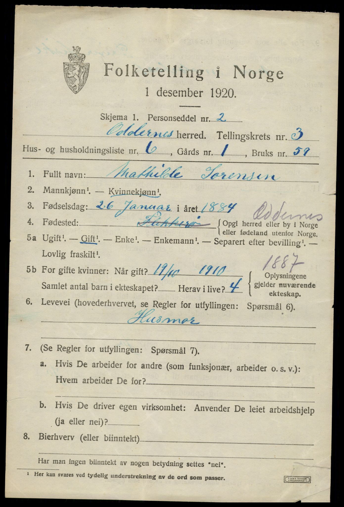 SAK, 1920 census for Oddernes, 1920, p. 3405