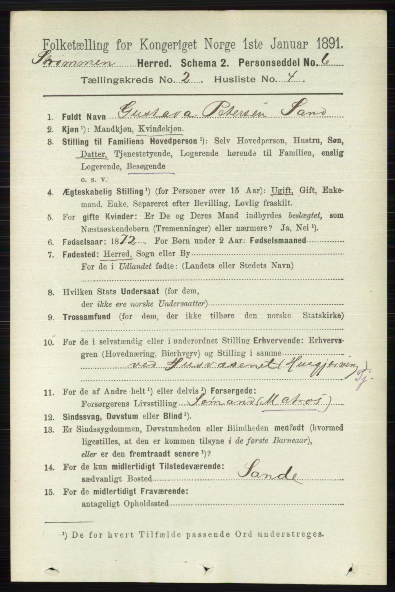 RA, 1891 census for 0711 Strømm, 1891, p. 718