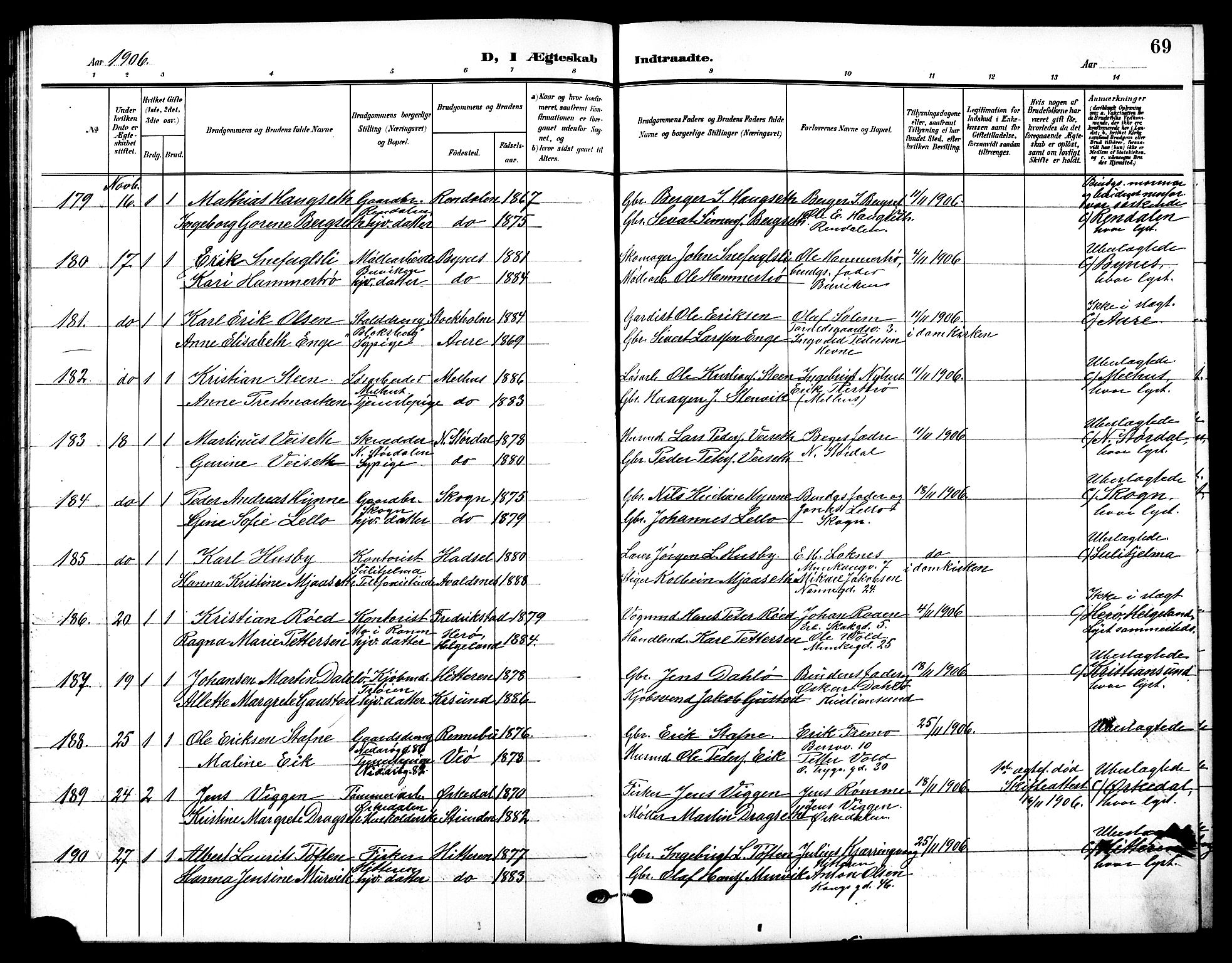 Ministerialprotokoller, klokkerbøker og fødselsregistre - Sør-Trøndelag, AV/SAT-A-1456/601/L0095: Parish register (copy) no. 601C13, 1902-1911, p. 69