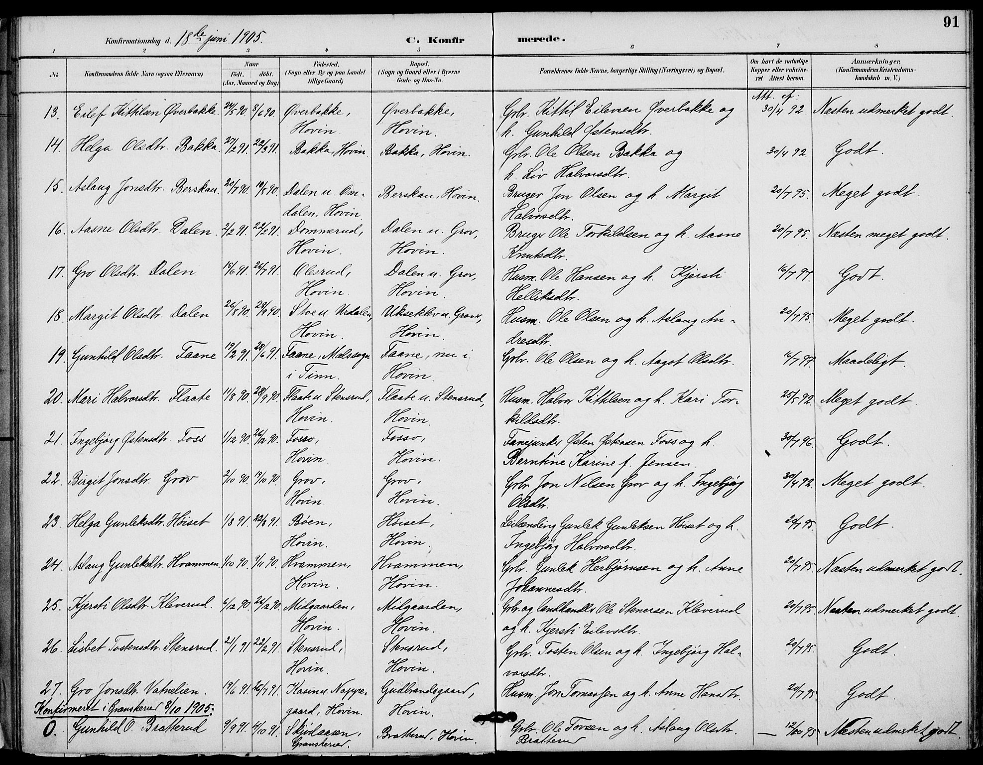 Gransherad kirkebøker, SAKO/A-267/F/Fb/L0005: Parish register (official) no. II 5, 1887-1916, p. 91