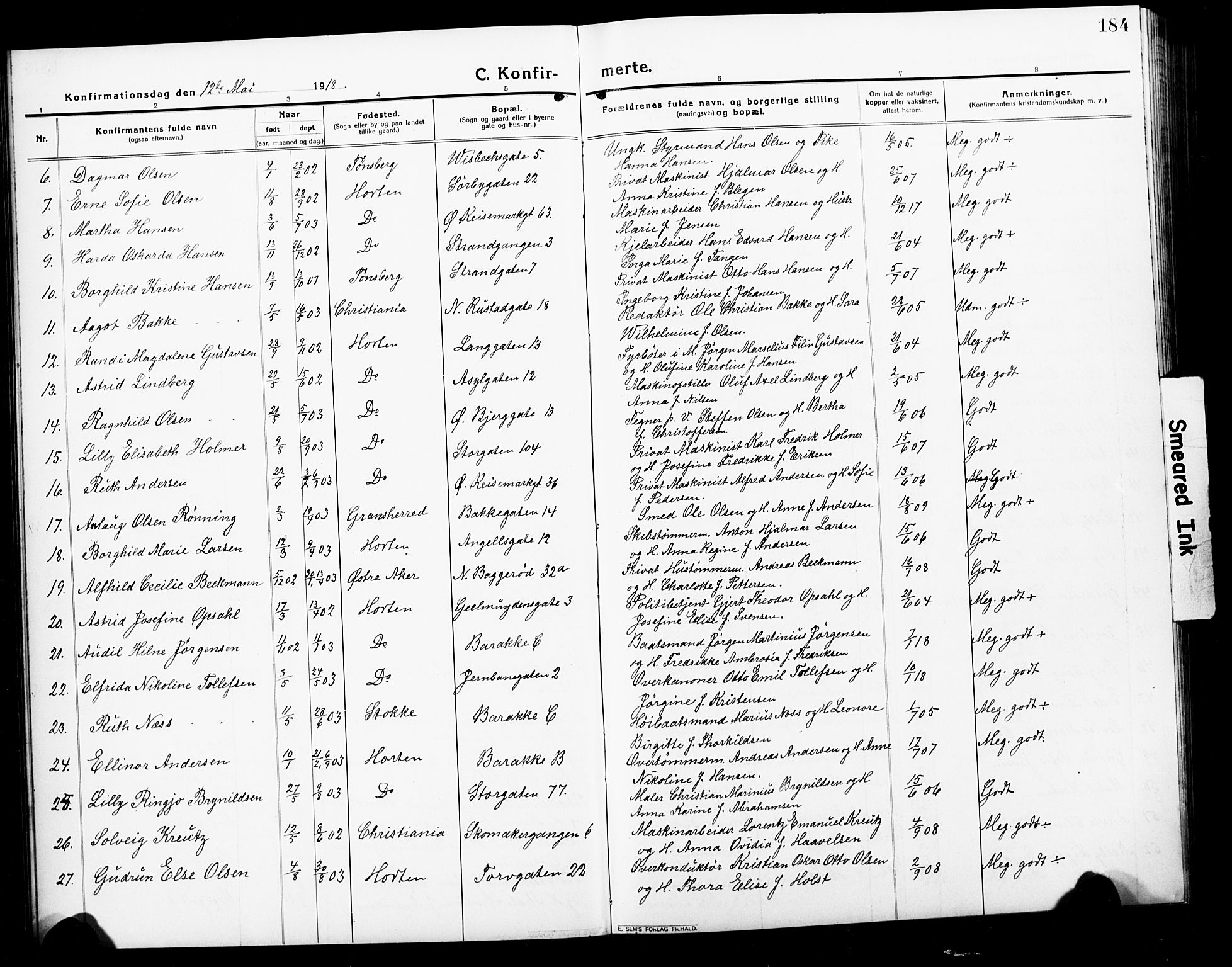 Horten kirkebøker, AV/SAKO-A-348/G/Ga/L0008: Parish register (copy) no. 8, 1916-1926, p. 184