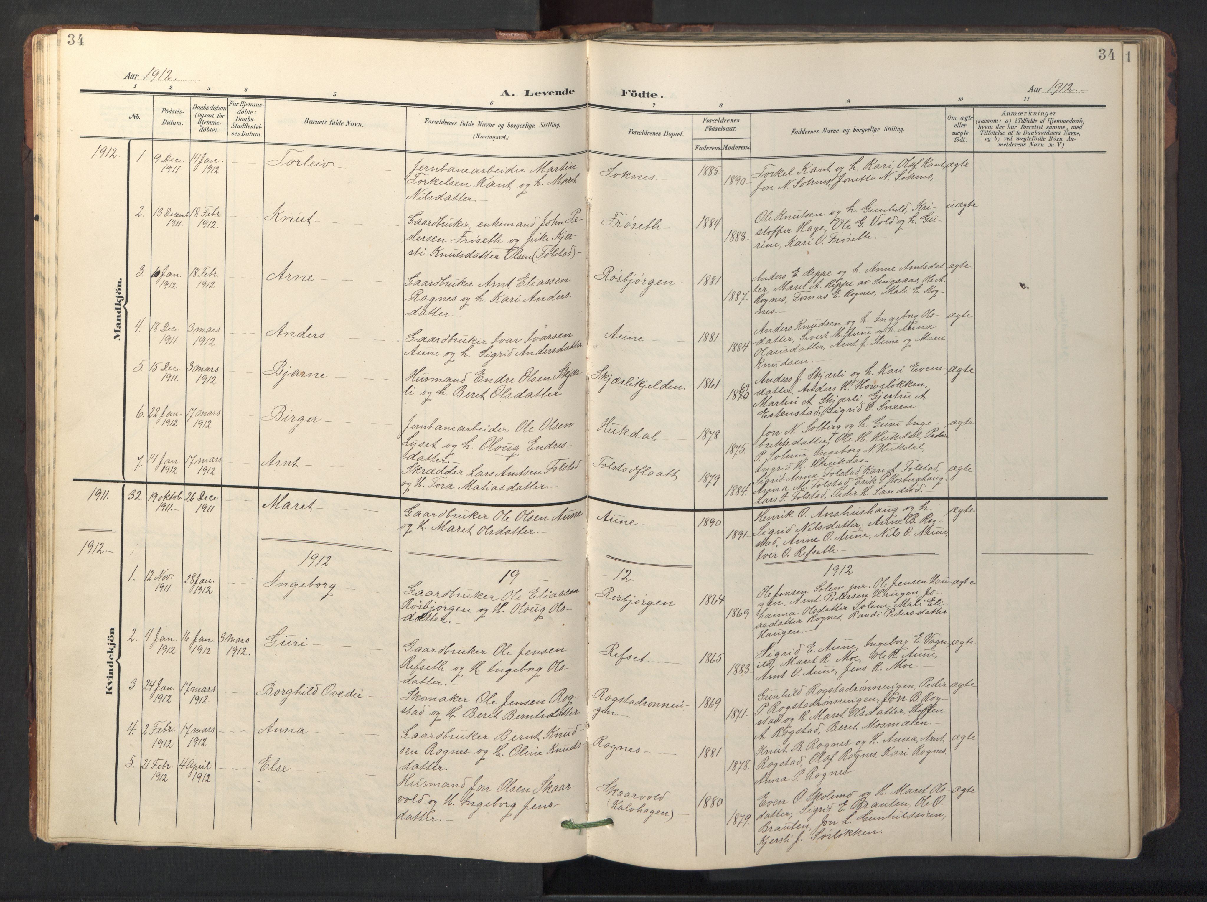 Ministerialprotokoller, klokkerbøker og fødselsregistre - Sør-Trøndelag, SAT/A-1456/687/L1019: Parish register (copy) no. 687C03, 1904-1931, p. 34