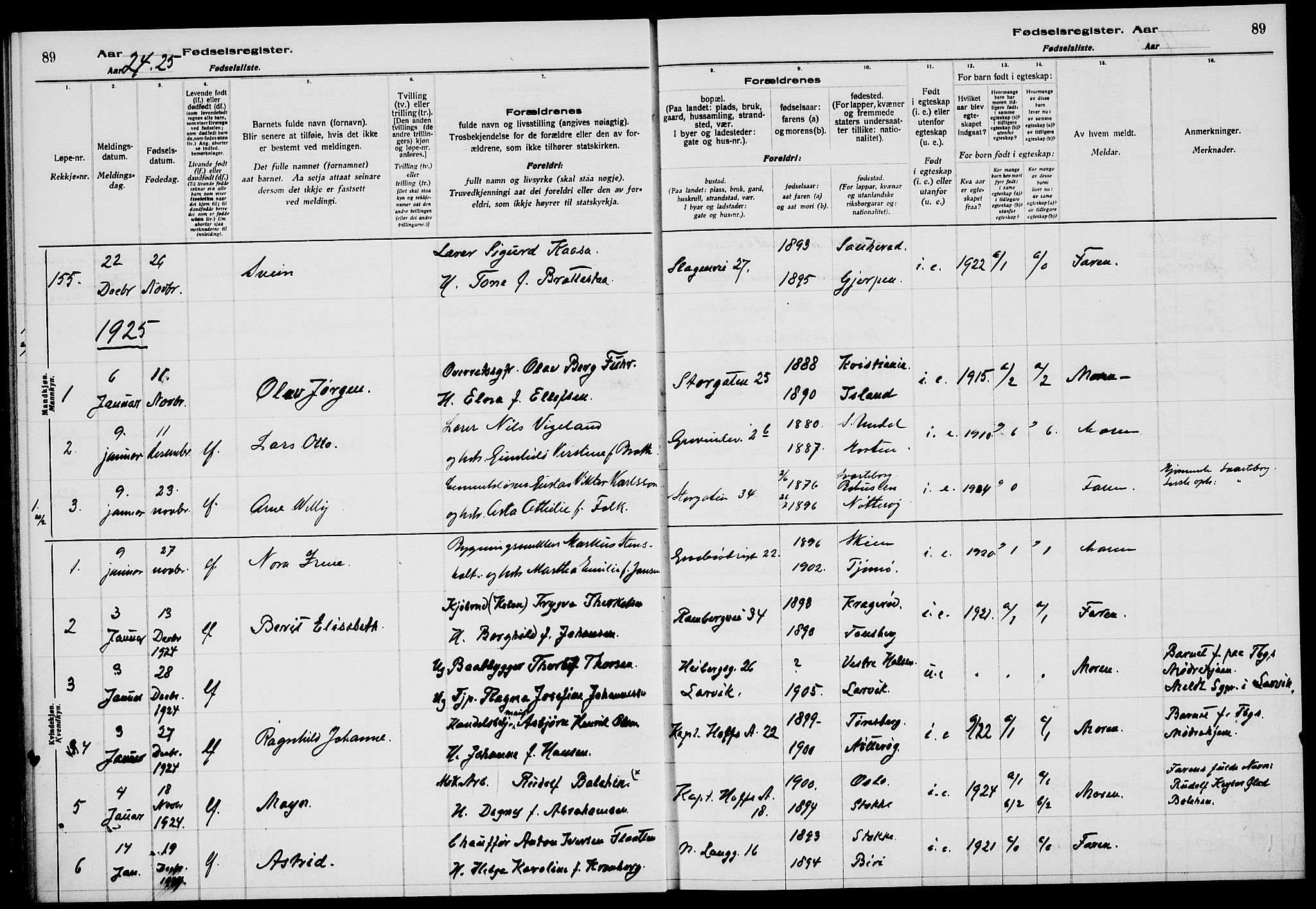 Tønsberg kirkebøker, AV/SAKO-A-330/J/Ja/L0002: Birth register no. 2, 1922-1928, p. 89