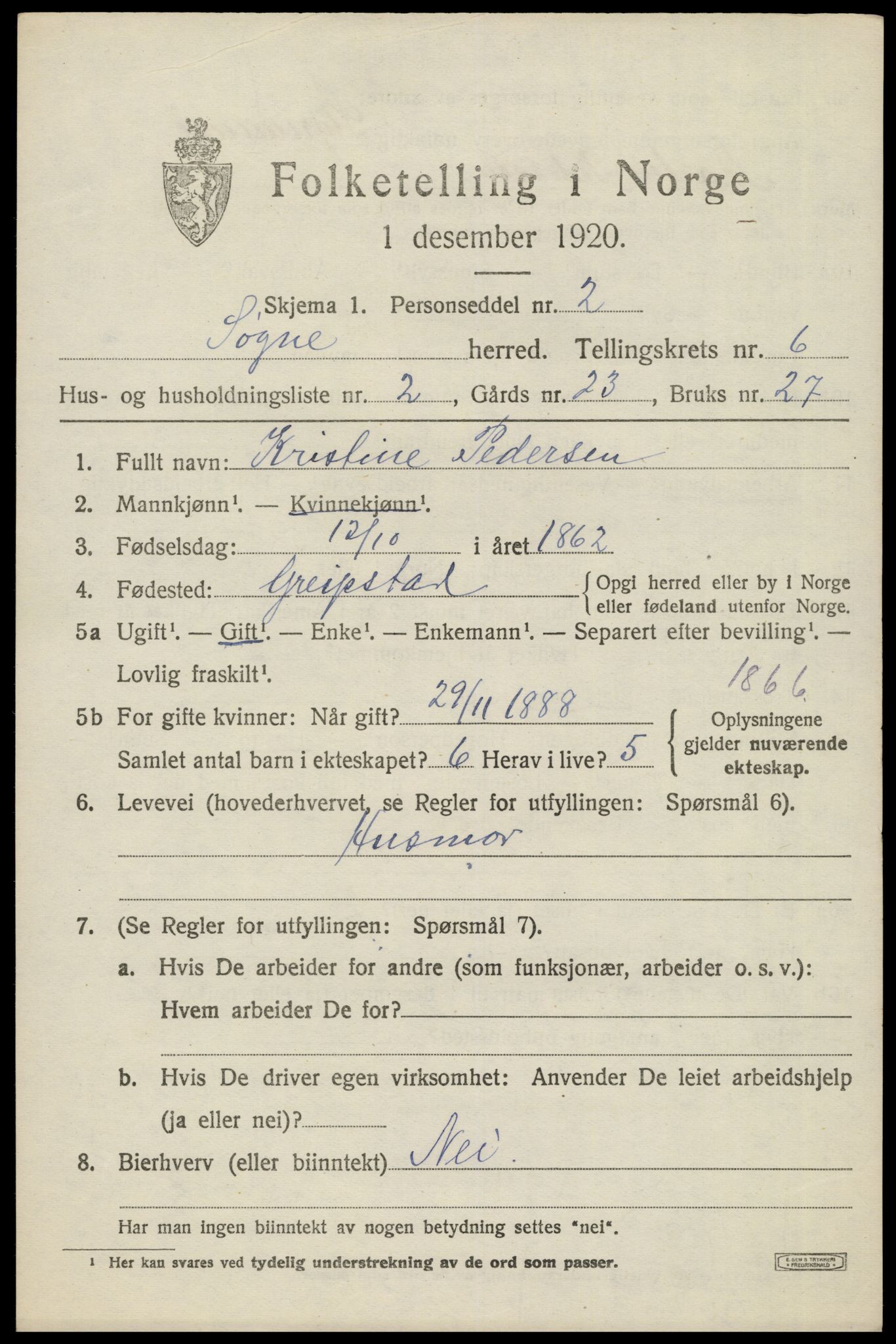 SAK, 1920 census for Søgne, 1920, p. 2781