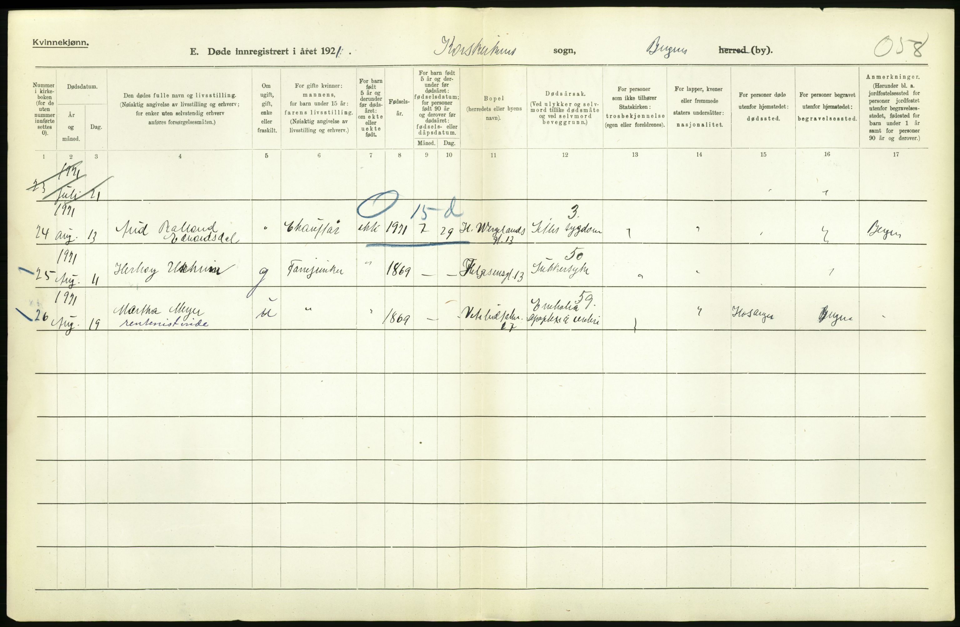 Statistisk sentralbyrå, Sosiodemografiske emner, Befolkning, RA/S-2228/D/Df/Dfc/Dfca/L0036: Bergen: Døde., 1921, p. 238