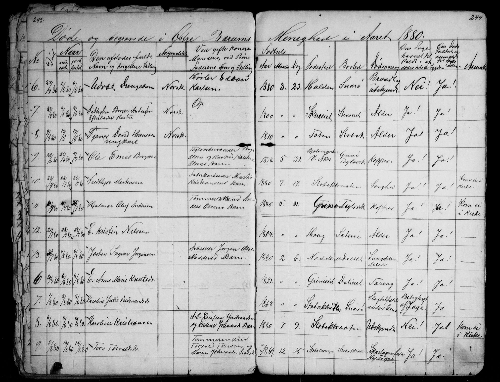 Asker prestekontor Kirkebøker, SAO/A-10256a/G/Gc/L0002: Parish register (copy) no. III 2, 1874-1883, p. 243-244