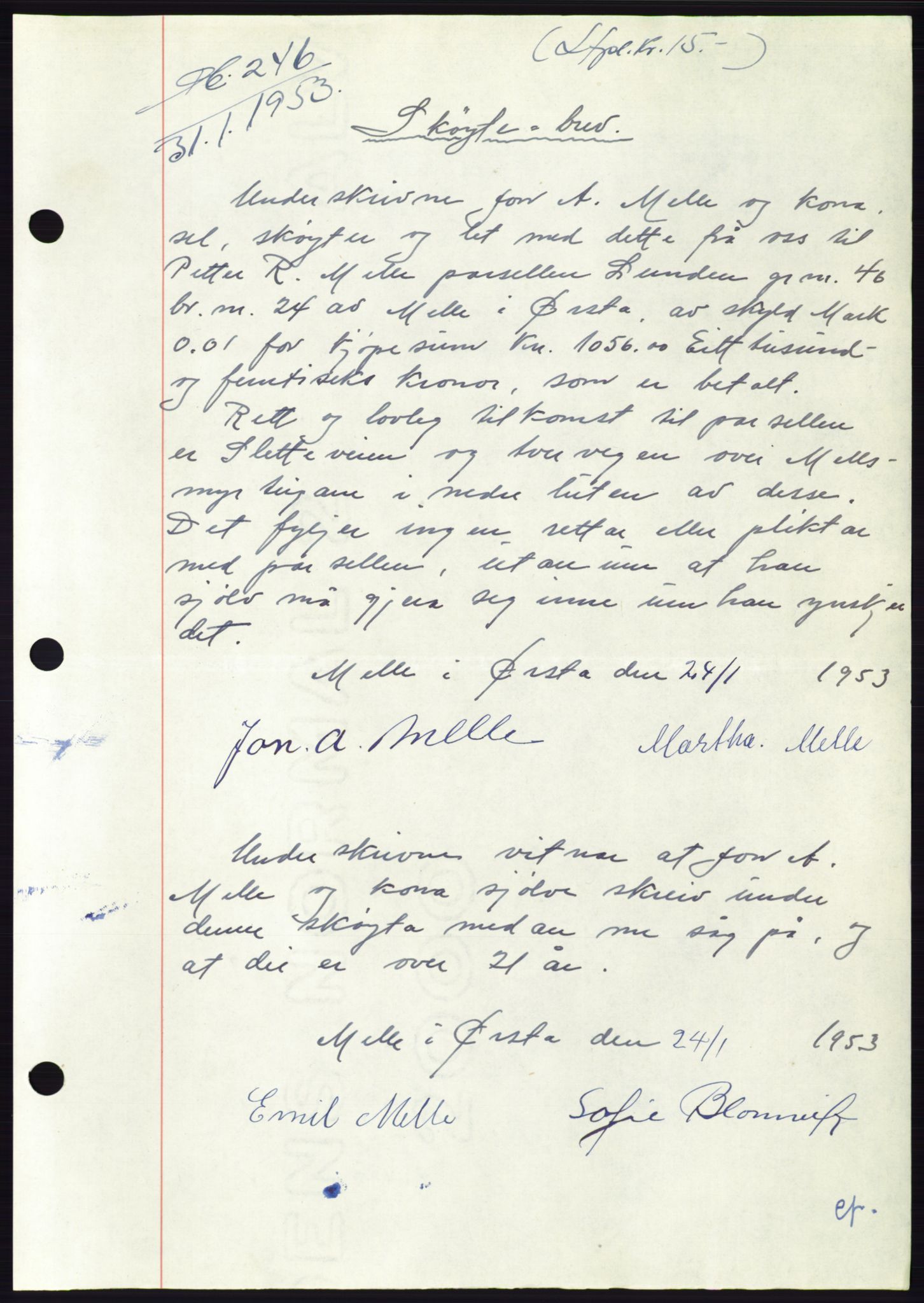 Søre Sunnmøre sorenskriveri, AV/SAT-A-4122/1/2/2C/L0094: Mortgage book no. 20A, 1953-1953, Diary no: : 246/1953