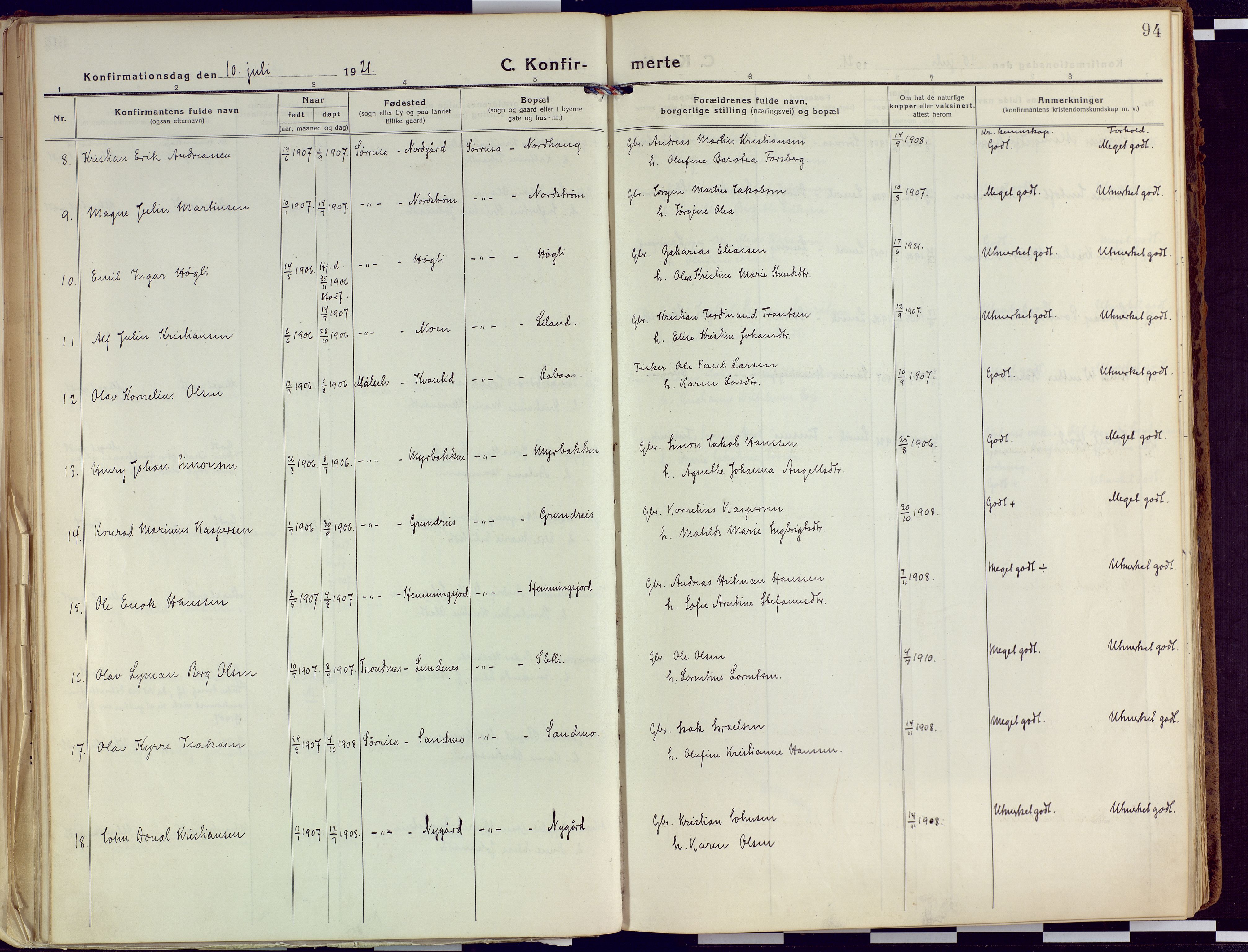 Tranøy sokneprestkontor, AV/SATØ-S-1313/I/Ia/Iaa/L0015kirke: Parish register (official) no. 15, 1919-1928, p. 94