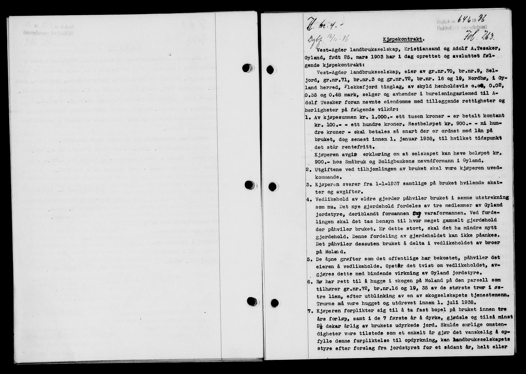 Flekkefjord sorenskriveri, SAK/1221-0001/G/Gb/Gba/L0053: Mortgage book no. A-1, 1936-1937, Diary no: : 646/1936