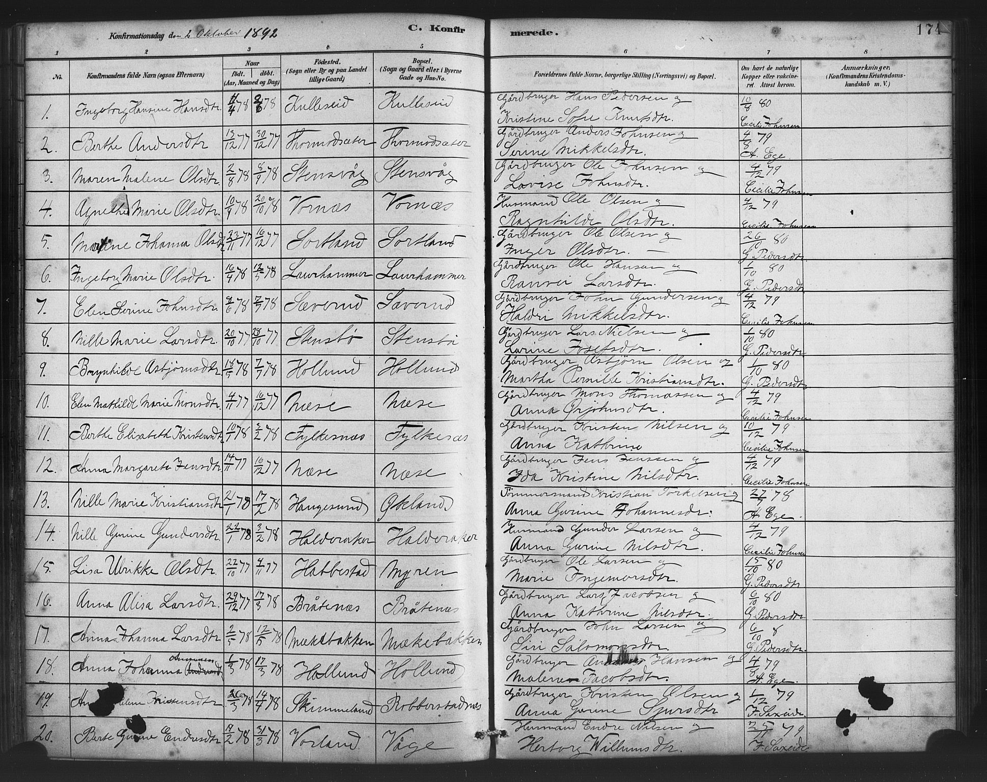 Finnås sokneprestembete, AV/SAB-A-99925/H/Ha/Haa/Haac/L0001: Parish register (official) no. C 1, 1881-1894, p. 174