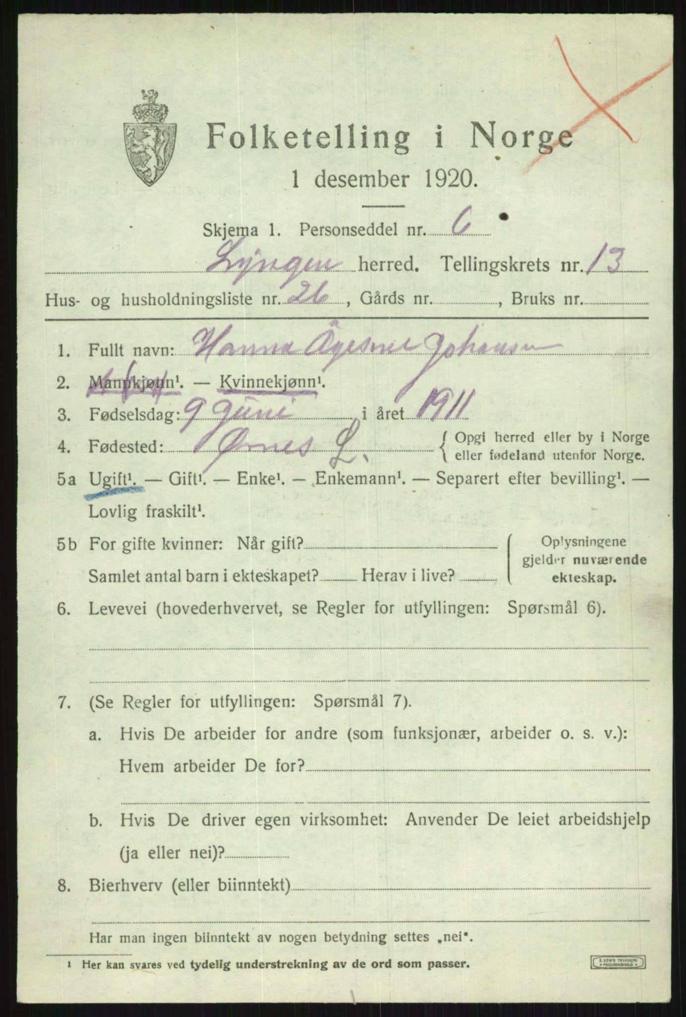 SATØ, 1920 census for Lyngen, 1920, p. 10411