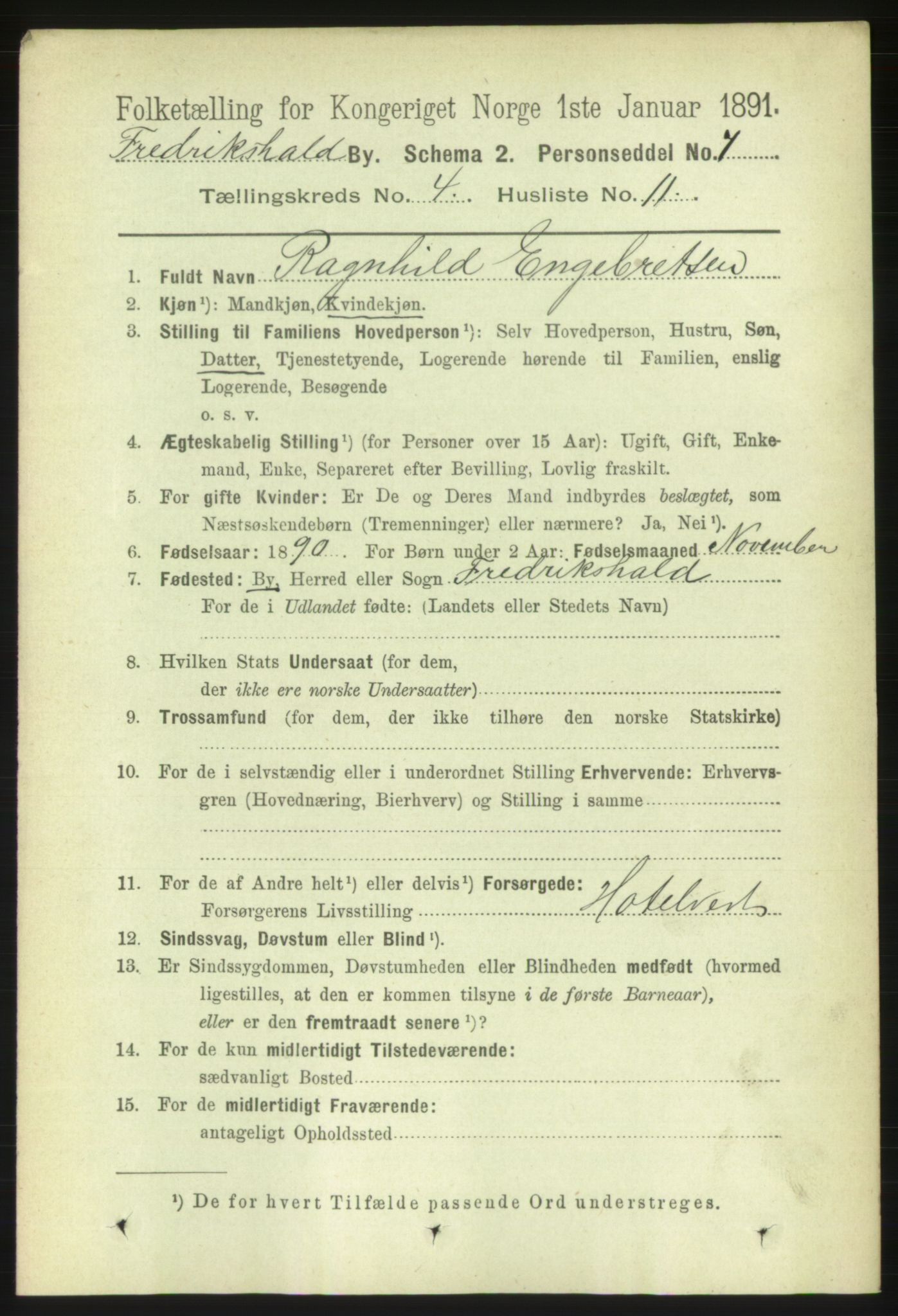 RA, 1891 census for 0101 Fredrikshald, 1891, p. 3834