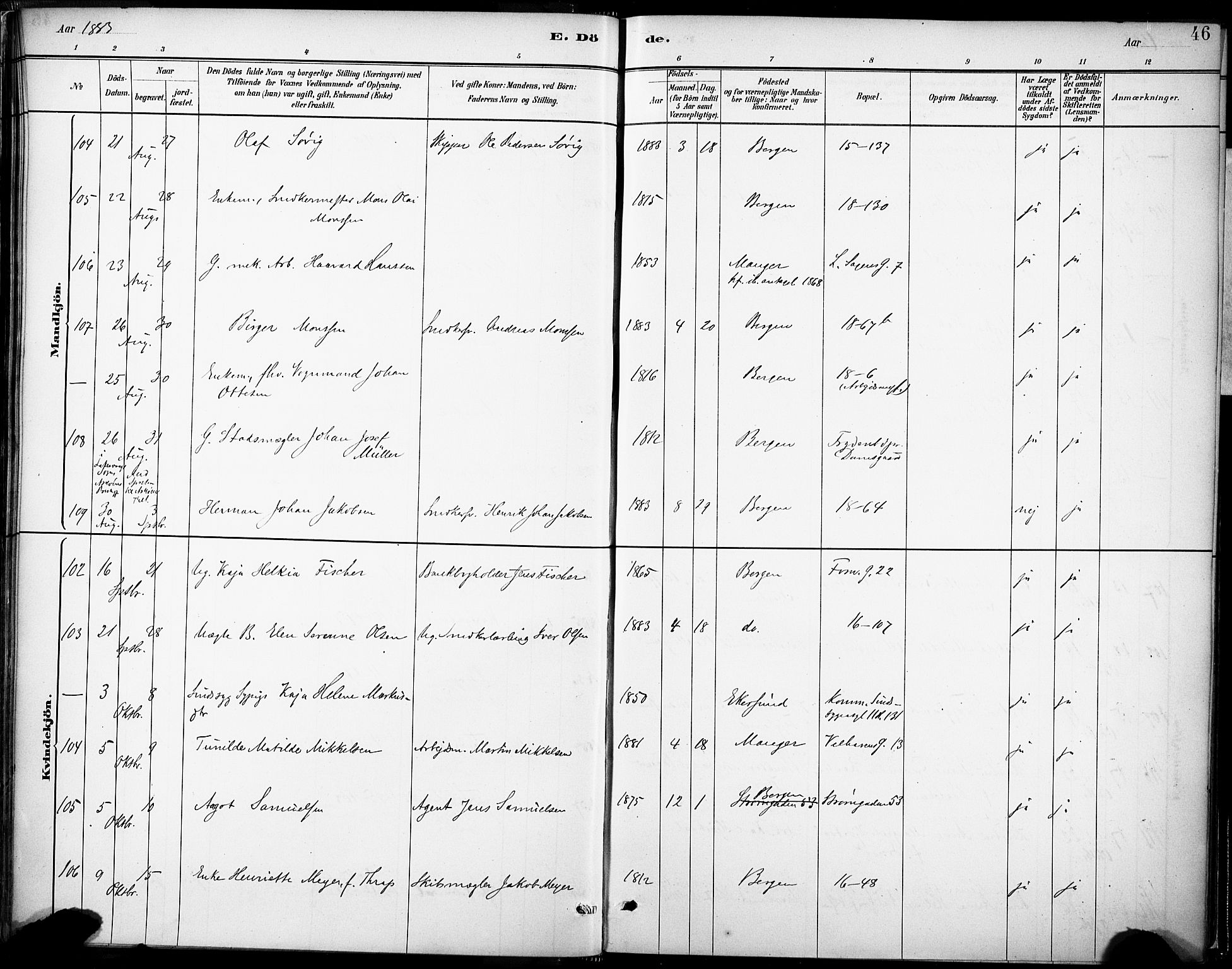 Domkirken sokneprestembete, AV/SAB-A-74801/H/Haa/L0043: Parish register (official) no. E 5, 1882-1904, p. 46