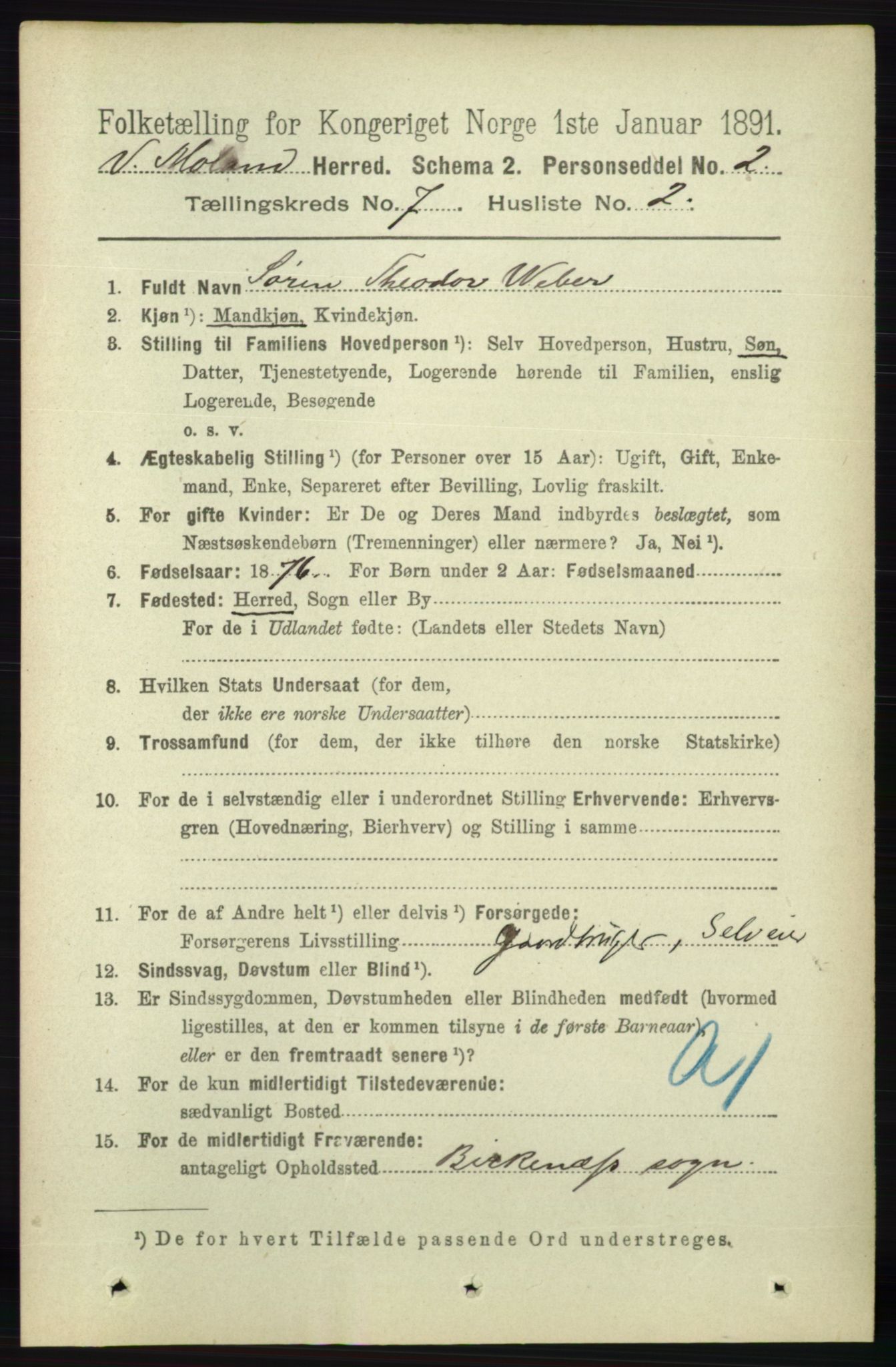 RA, 1891 census for 0926 Vestre Moland, 1891, p. 2804