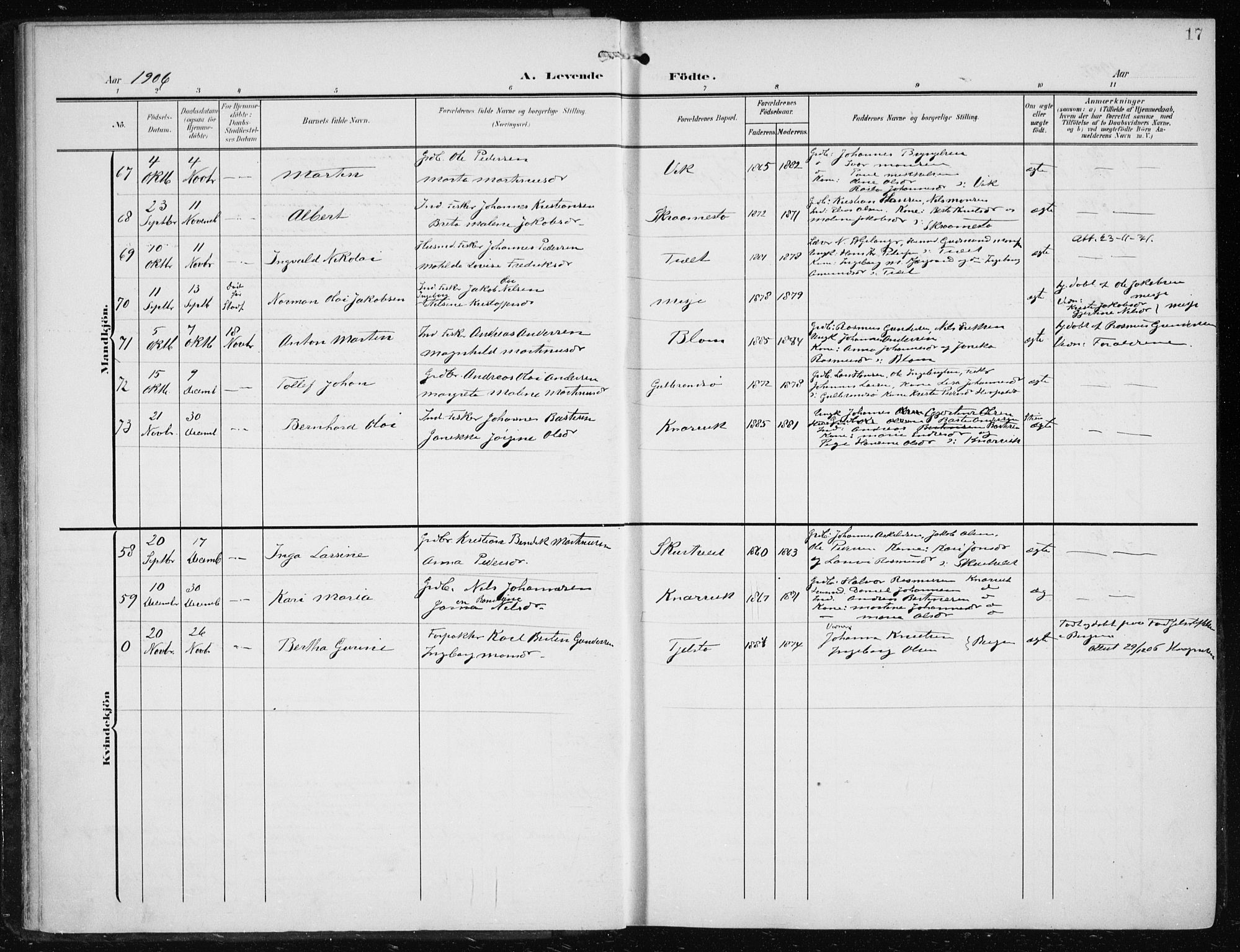 Herdla Sokneprestembete, AV/SAB-A-75701/H/Haa: Parish register (official) no. A 5, 1905-1918, p. 17