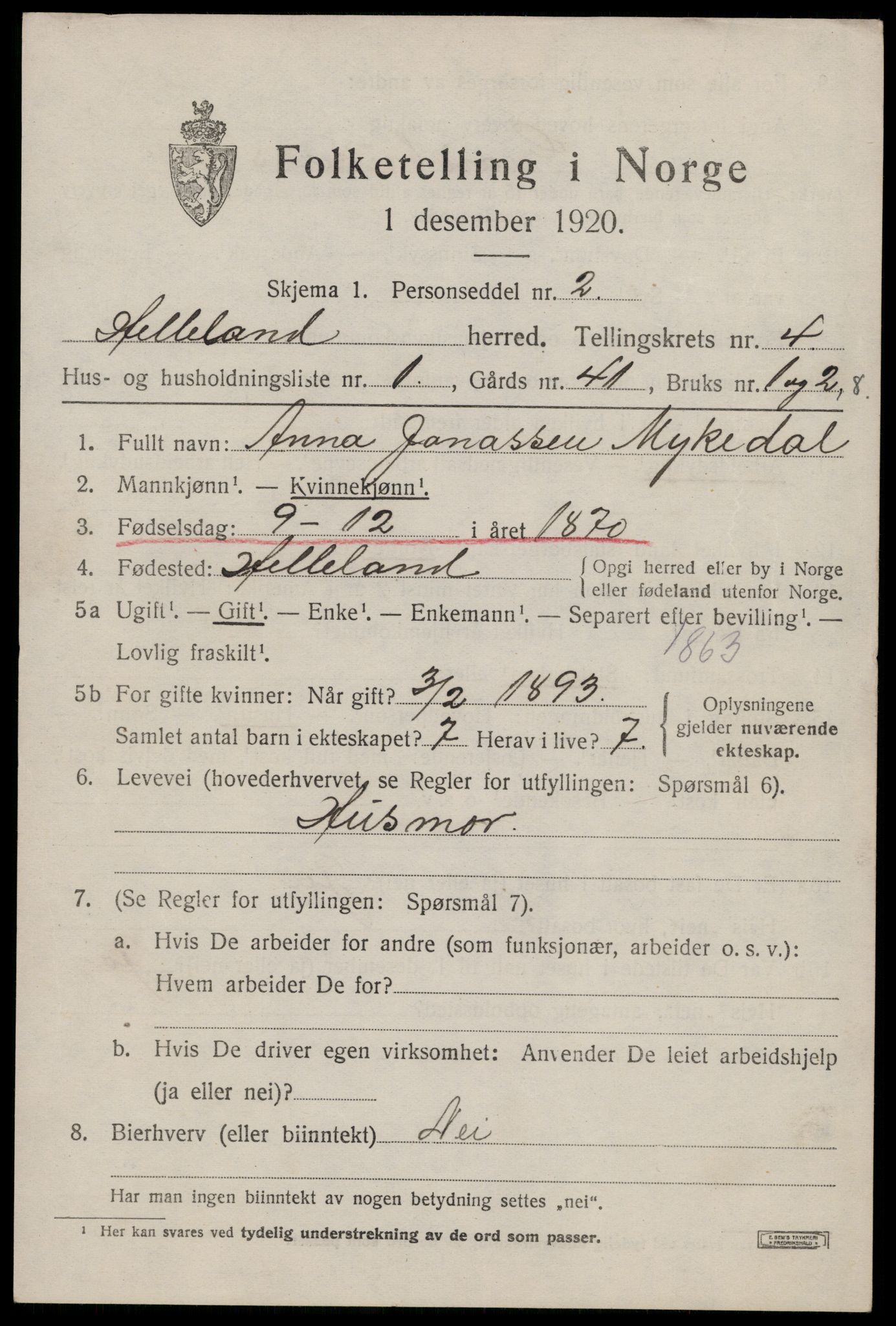 SAST, 1920 census for Helleland, 1920, p. 2211