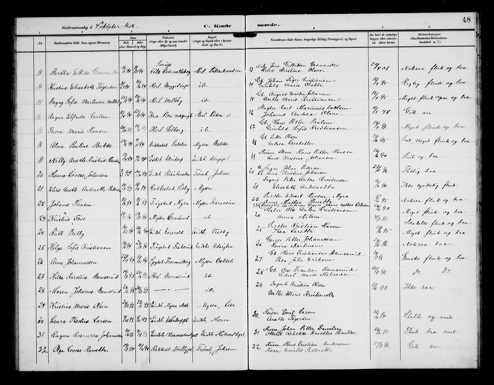 Eidsberg prestekontor Kirkebøker, AV/SAO-A-10905/G/Gb/L0001: Parish register (copy) no. II 1, 1903-1914, p. 48