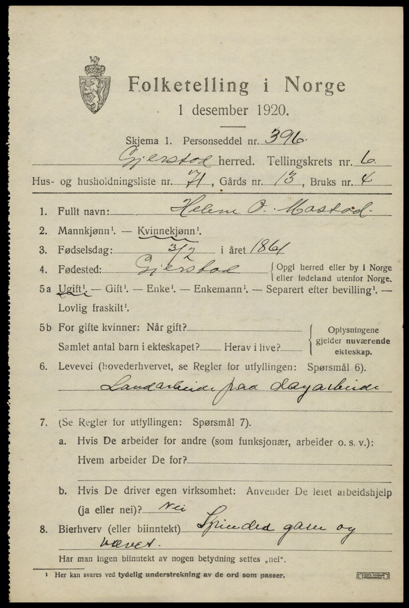 SAK, 1920 census for Gjerstad, 1920, p. 4613