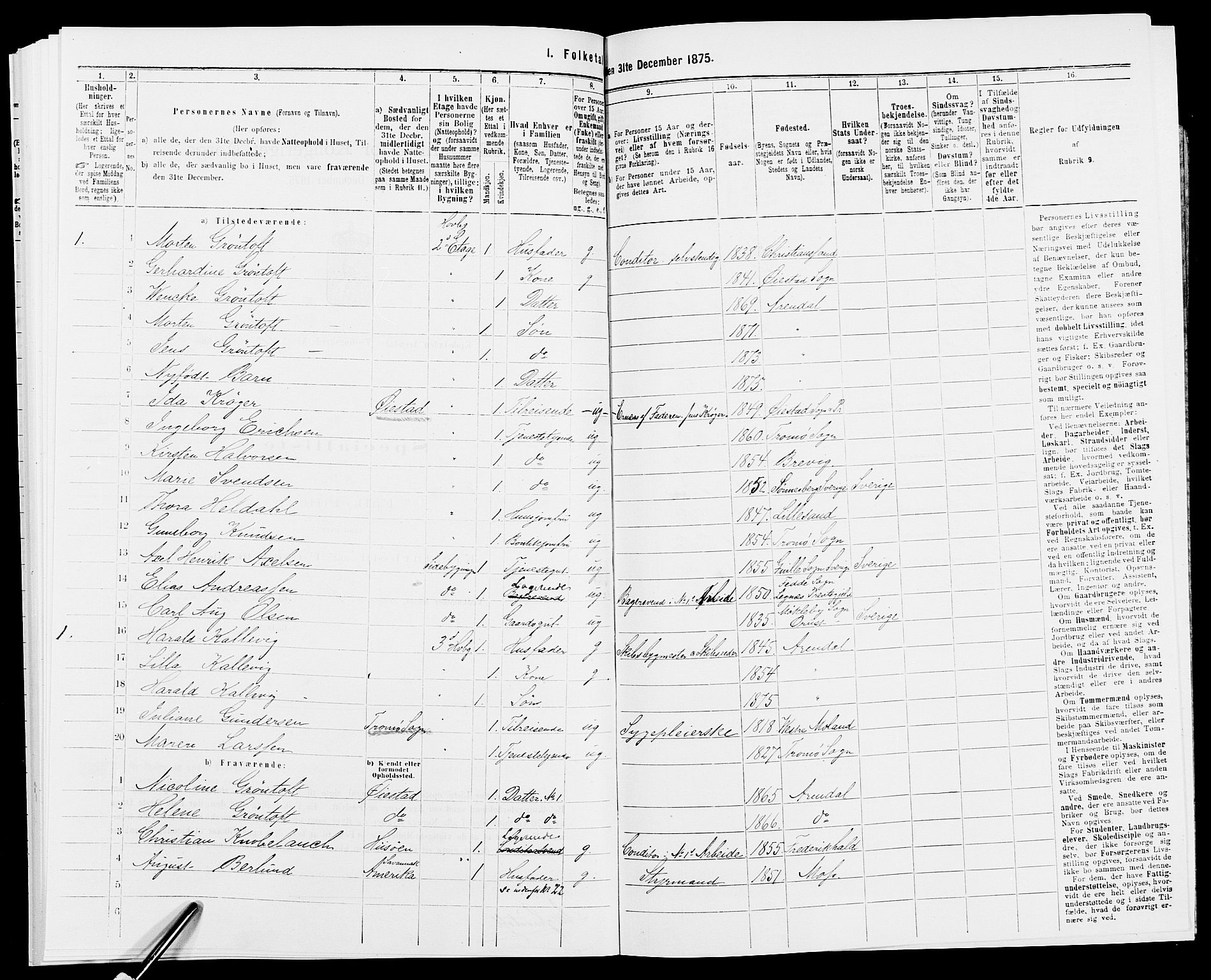 SAK, 1875 census for 0903P Arendal, 1875, p. 186