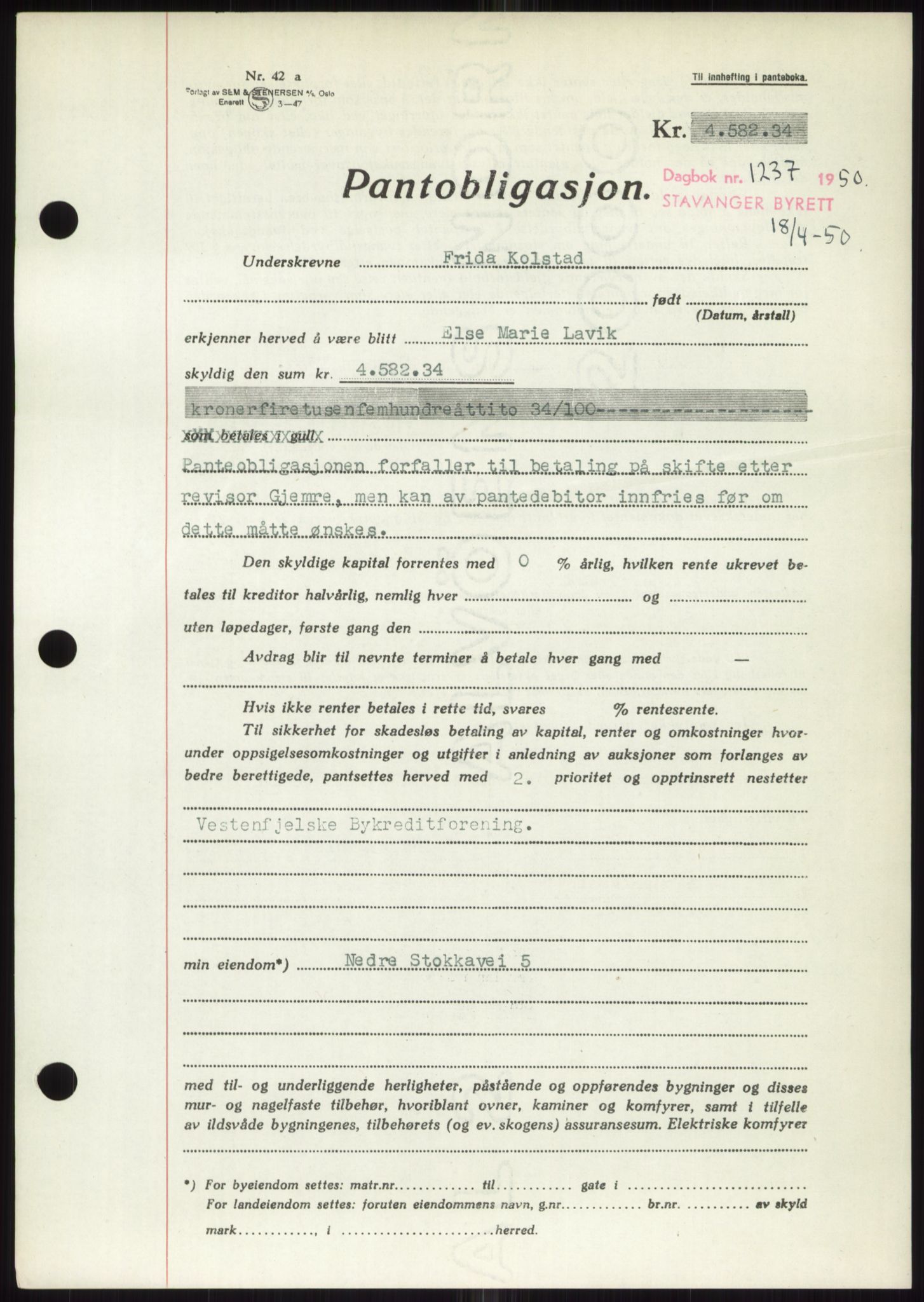 Stavanger byrett, SAST/A-100455/002/G/Gb/L0032: Mortgage book, 1947-1950, Diary no: : 1237/1950