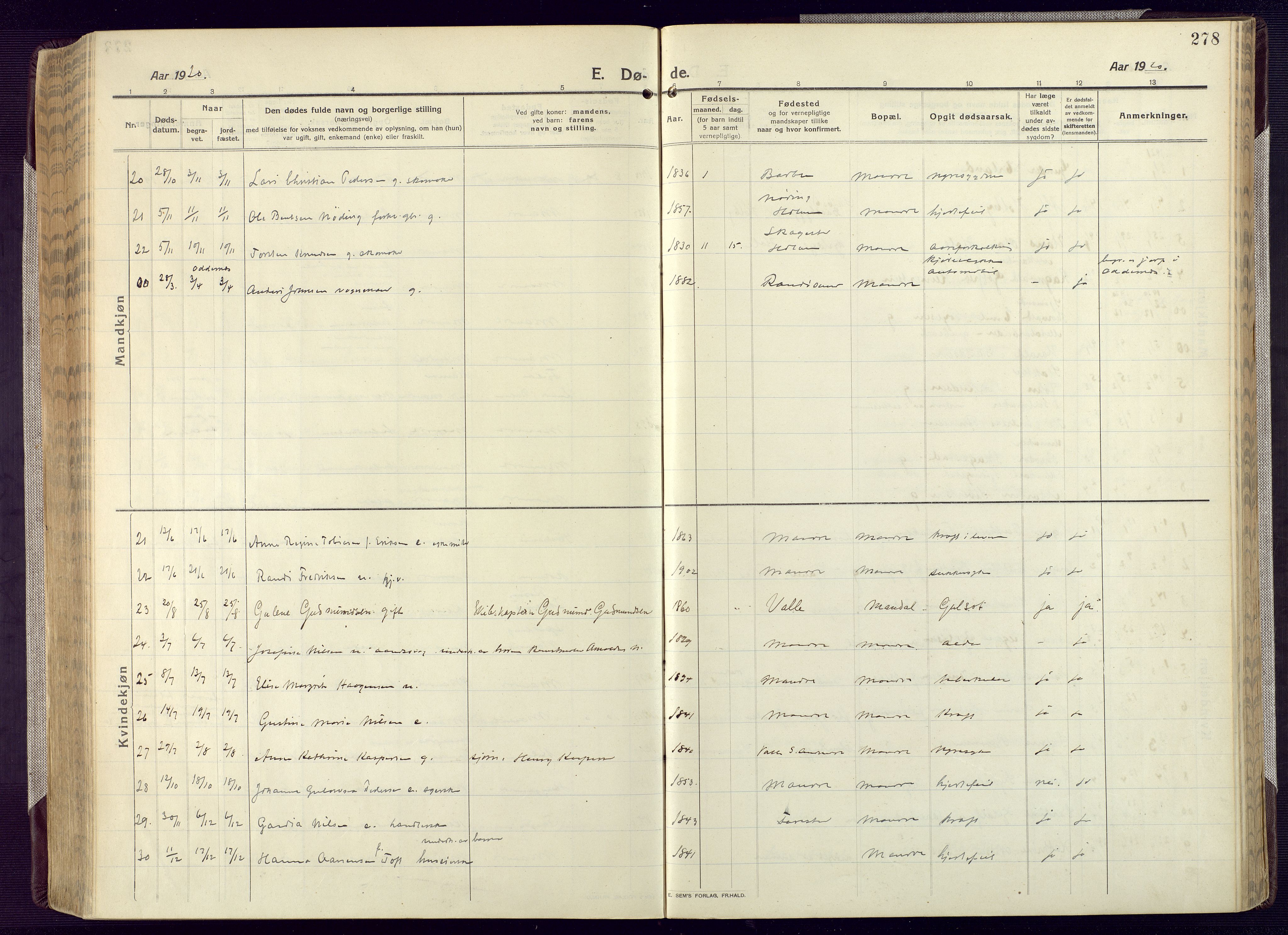 Mandal sokneprestkontor, AV/SAK-1111-0030/F/Fa/Fac/L0001: Parish register (official) no. A 1, 1913-1925, p. 278