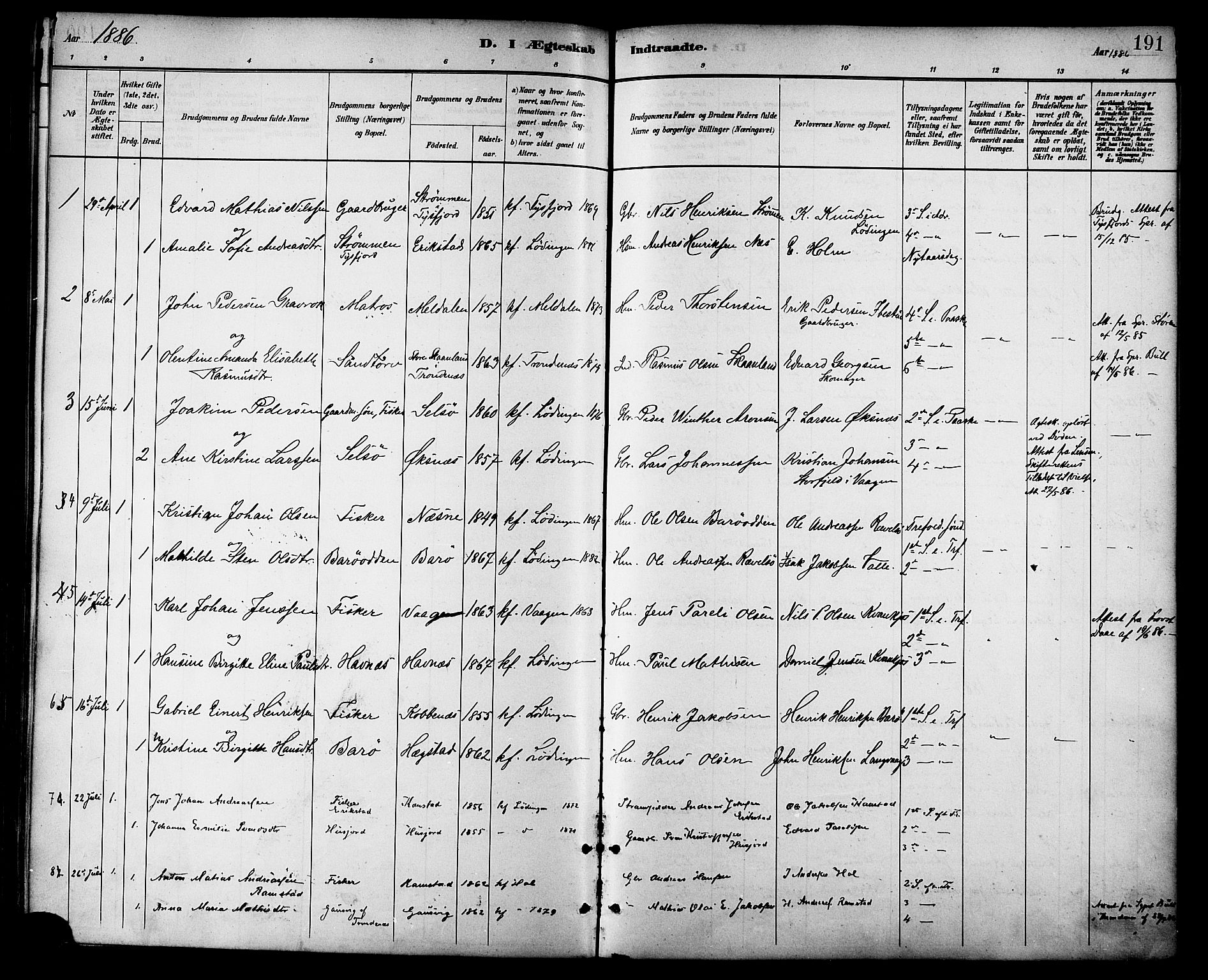 Ministerialprotokoller, klokkerbøker og fødselsregistre - Nordland, SAT/A-1459/872/L1035: Parish register (official) no. 872A10, 1884-1896, p. 191