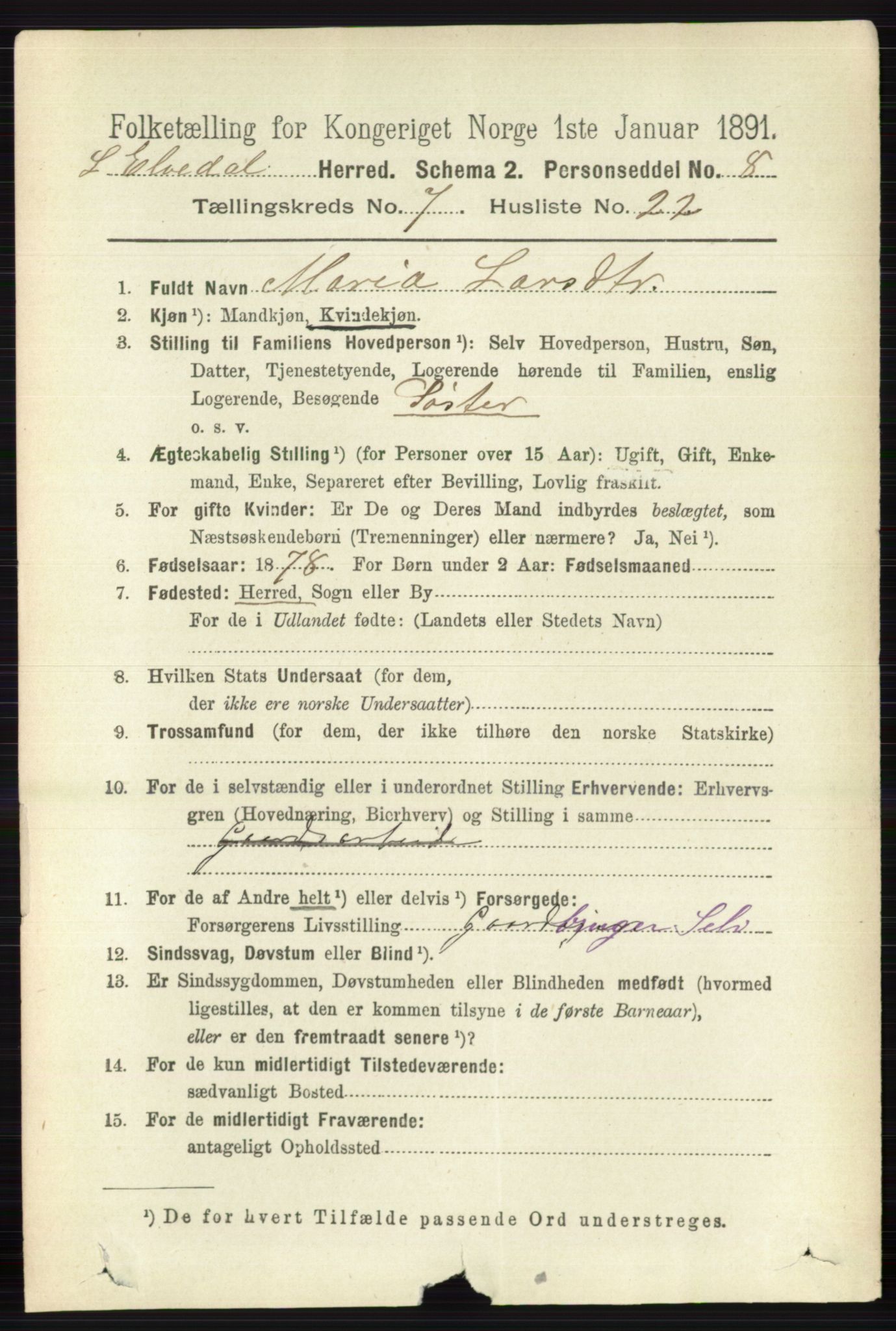 RA, 1891 census for 0438 Lille Elvedalen, 1891, p. 2426