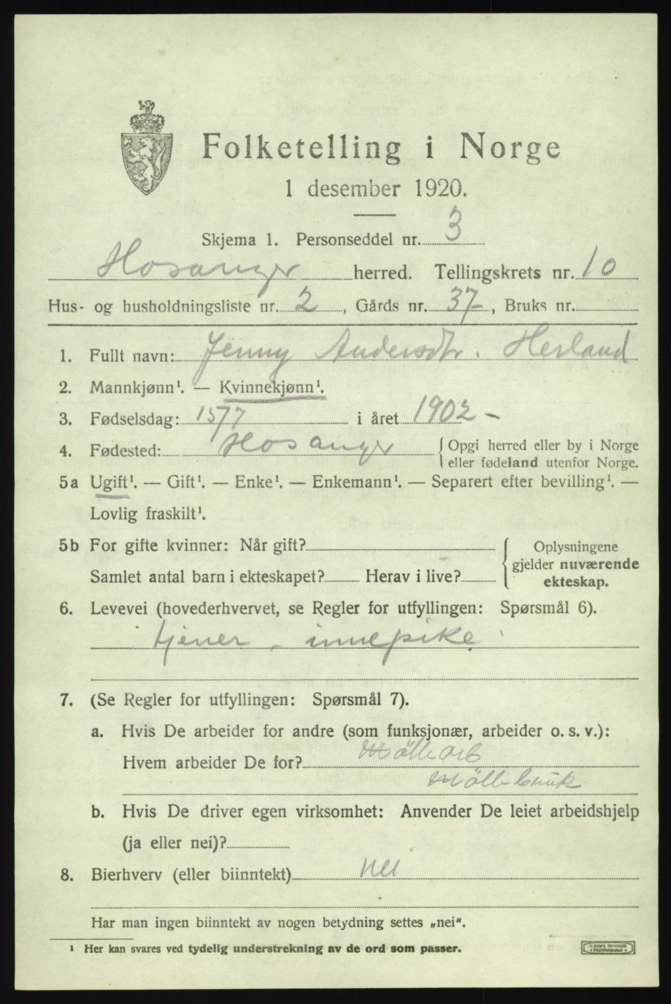 SAB, 1920 census for Hosanger, 1920, p. 4215