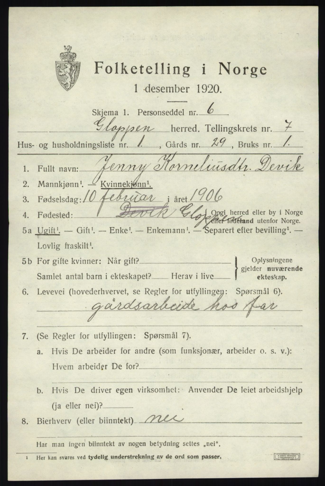 SAB, 1920 census for Gloppen, 1920, p. 4084