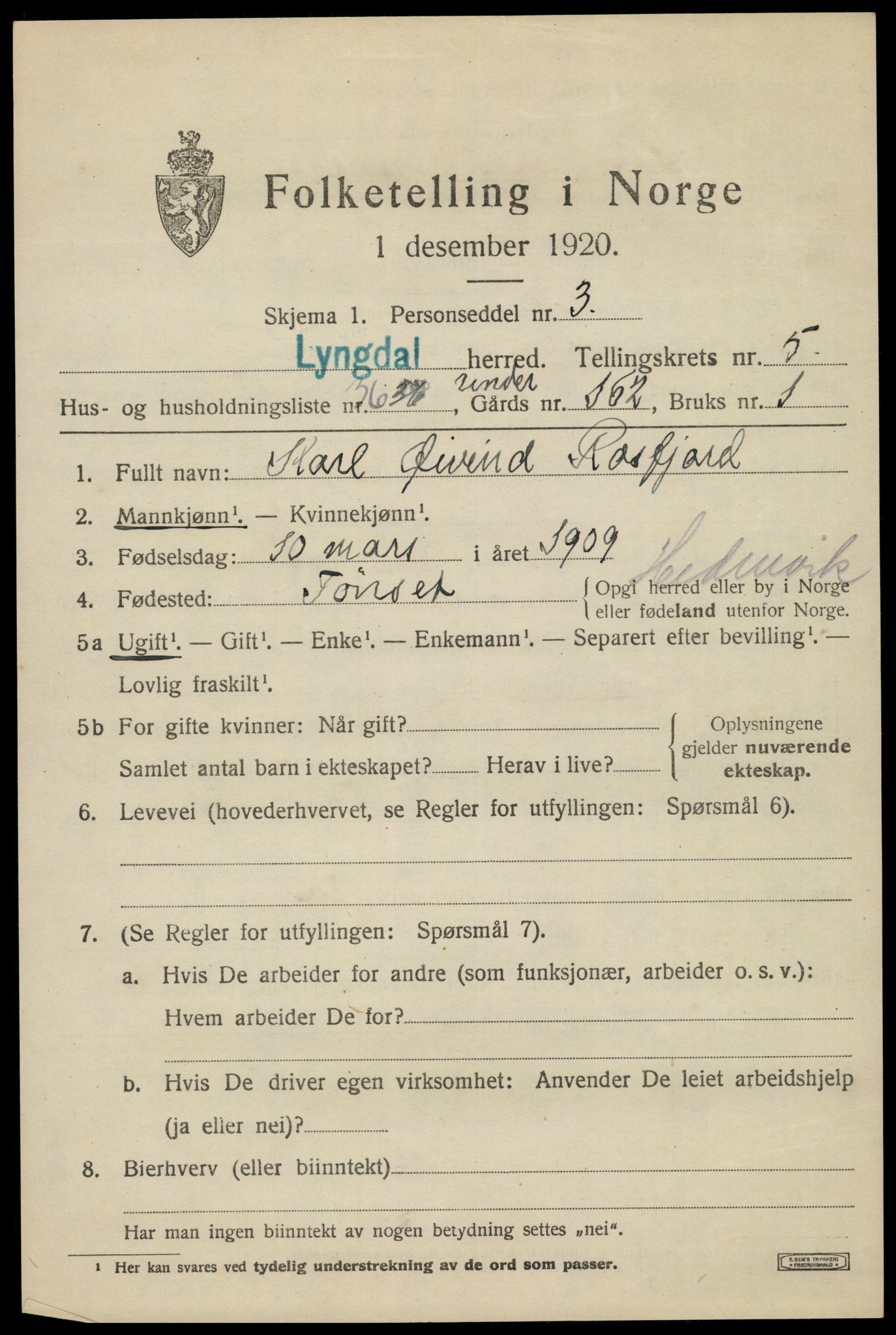 SAK, 1920 census for Lyngdal, 1920, p. 3329