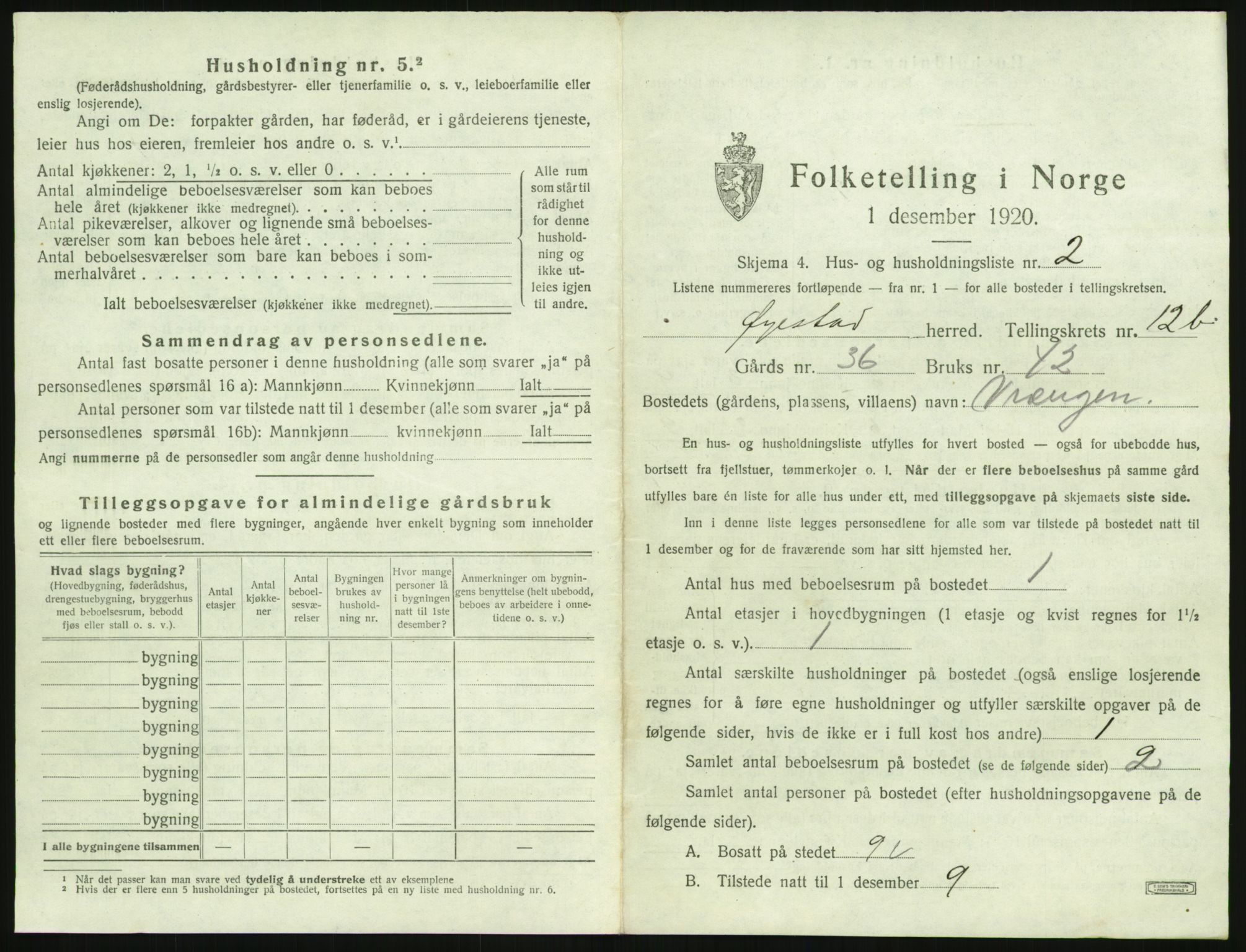 SAK, 1920 census for Øyestad, 1920, p. 1218