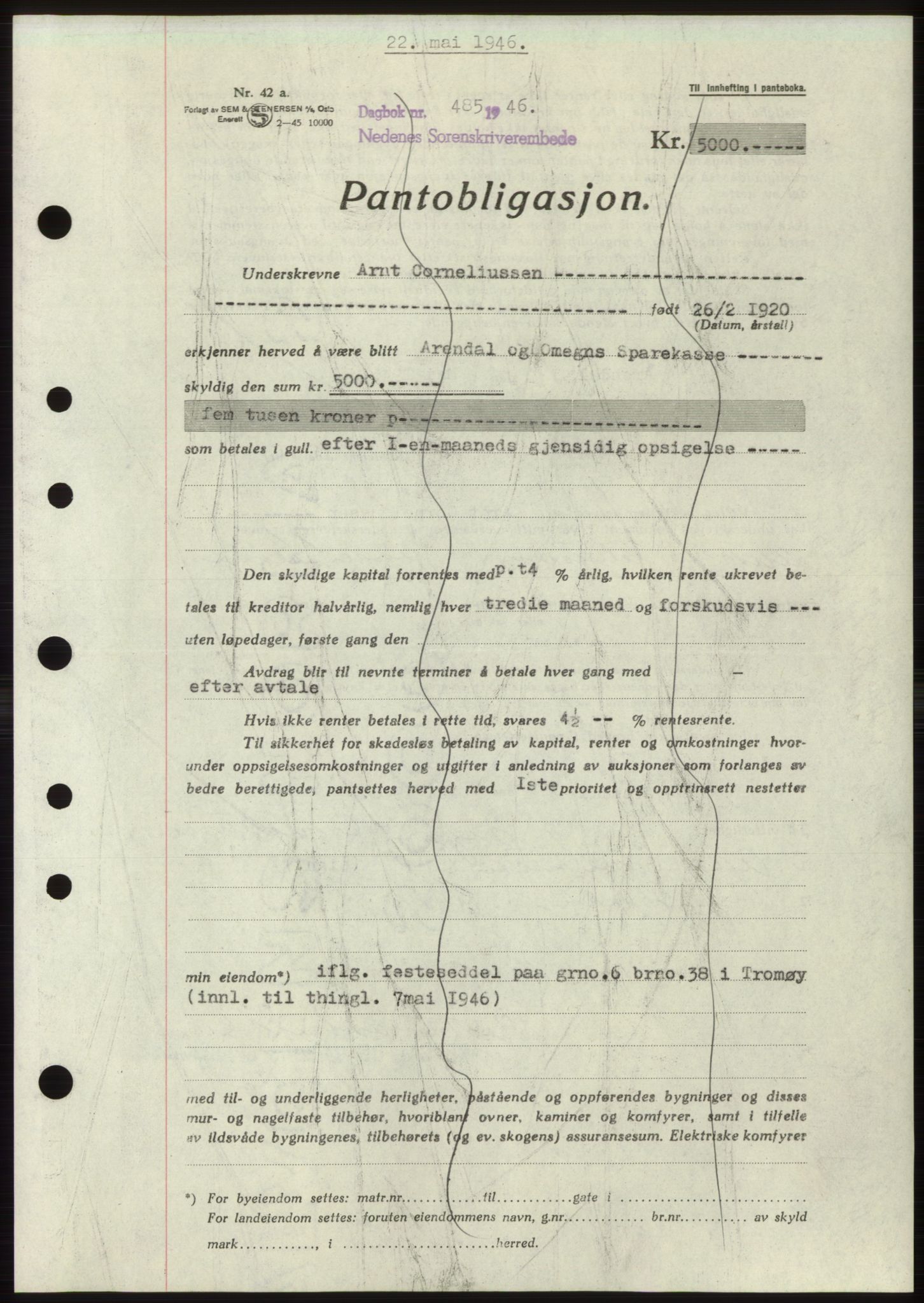 Nedenes sorenskriveri, SAK/1221-0006/G/Gb/Gbb/L0003: Mortgage book no. B3b, 1946-1946, Diary no: : 485/1946