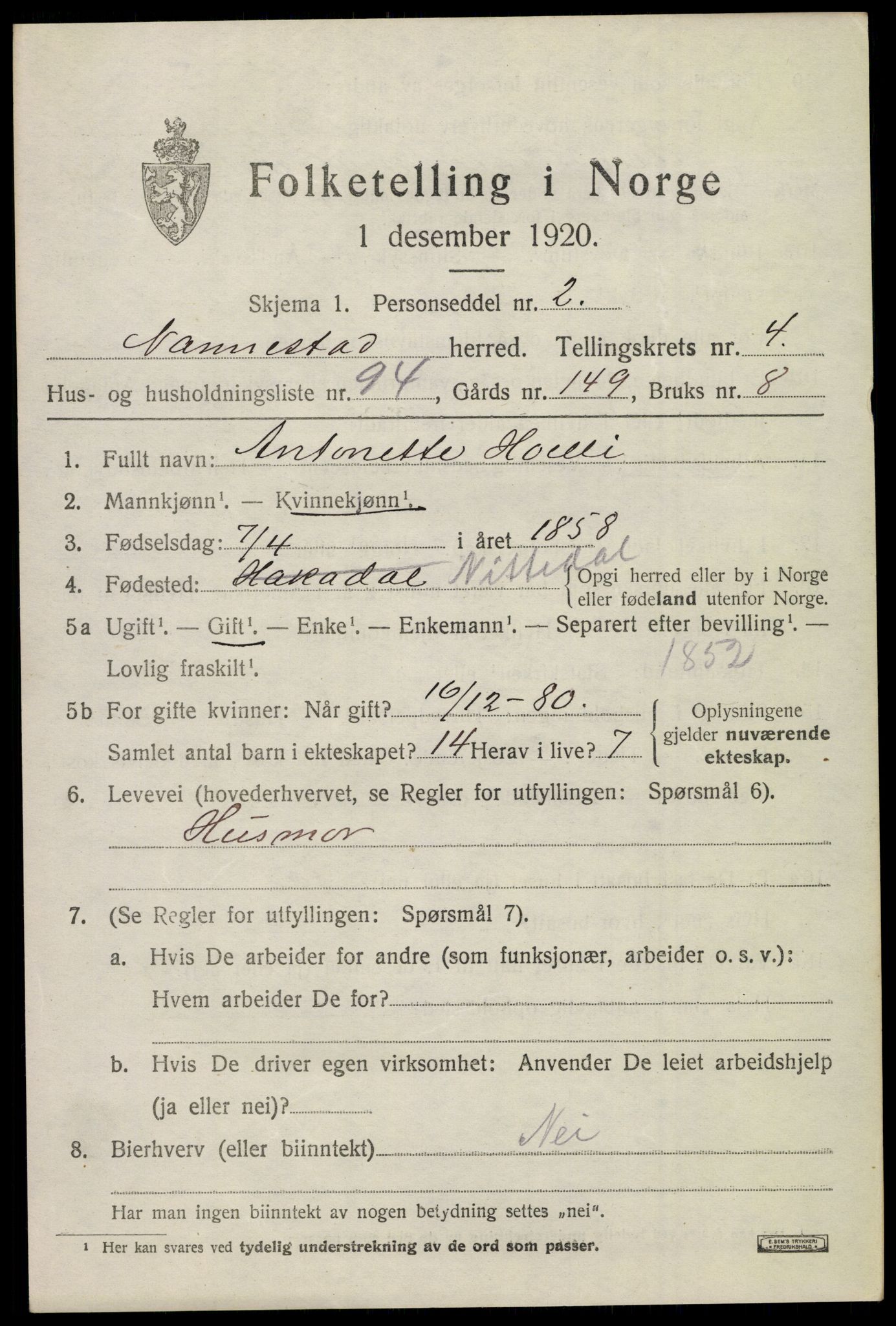 SAO, 1920 census for Nannestad, 1920, p. 6033