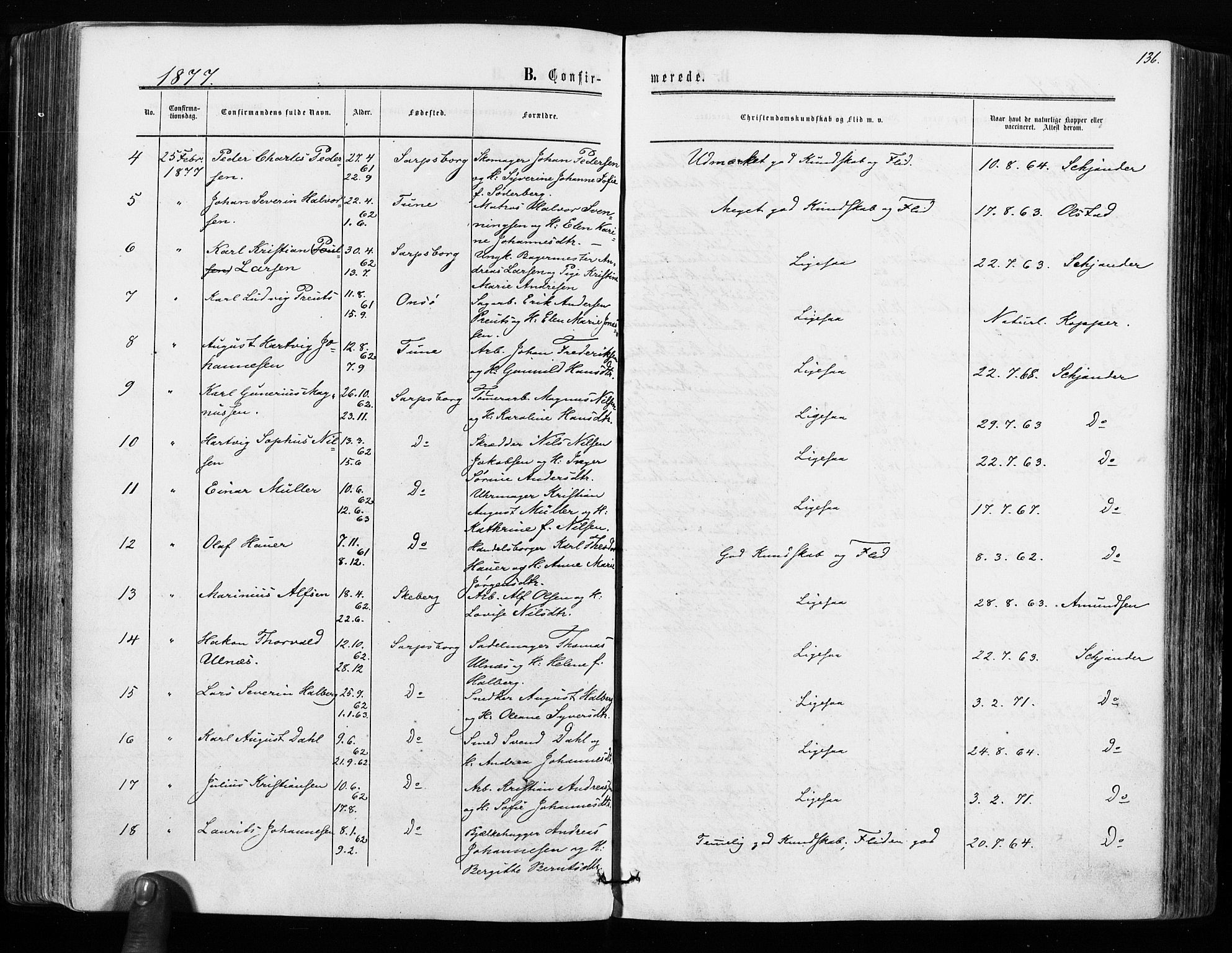 Sarpsborg prestekontor Kirkebøker, SAO/A-2006/F/Fa/L0002: Parish register (official) no. 2, 1869-1877, p. 136