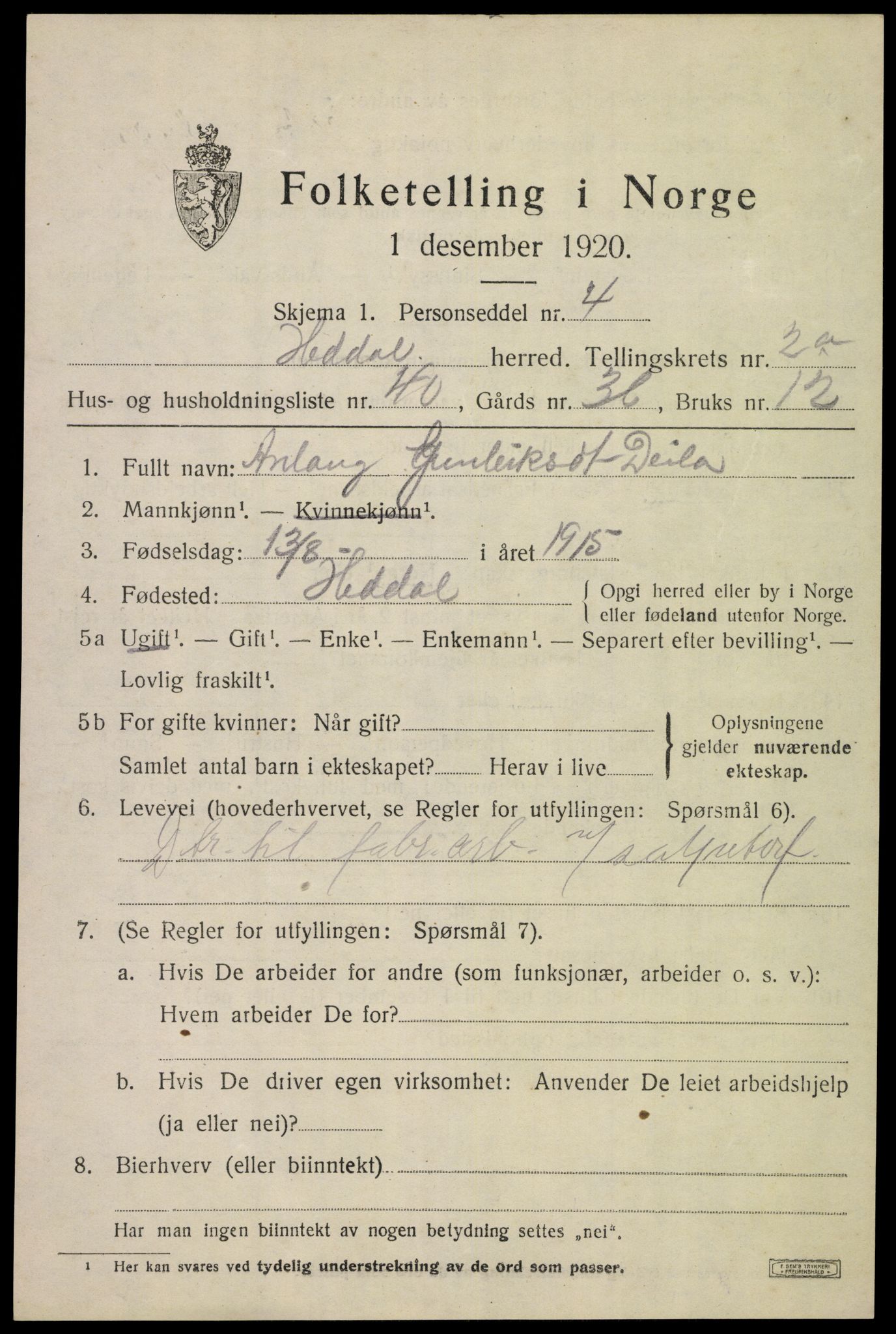 SAKO, 1920 census for Heddal, 1920, p. 2396