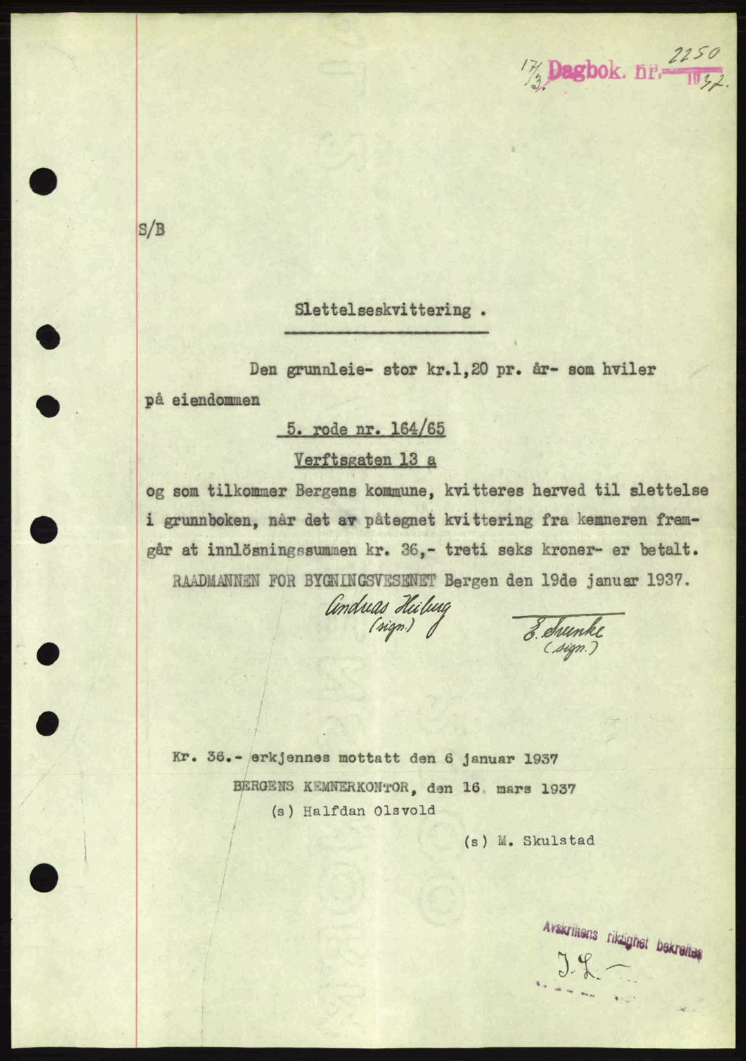 Byfogd og Byskriver i Bergen, SAB/A-3401/03/03Bc/L0004: Mortgage book no. A3-4, 1936-1937, Diary no: : 2250/1937