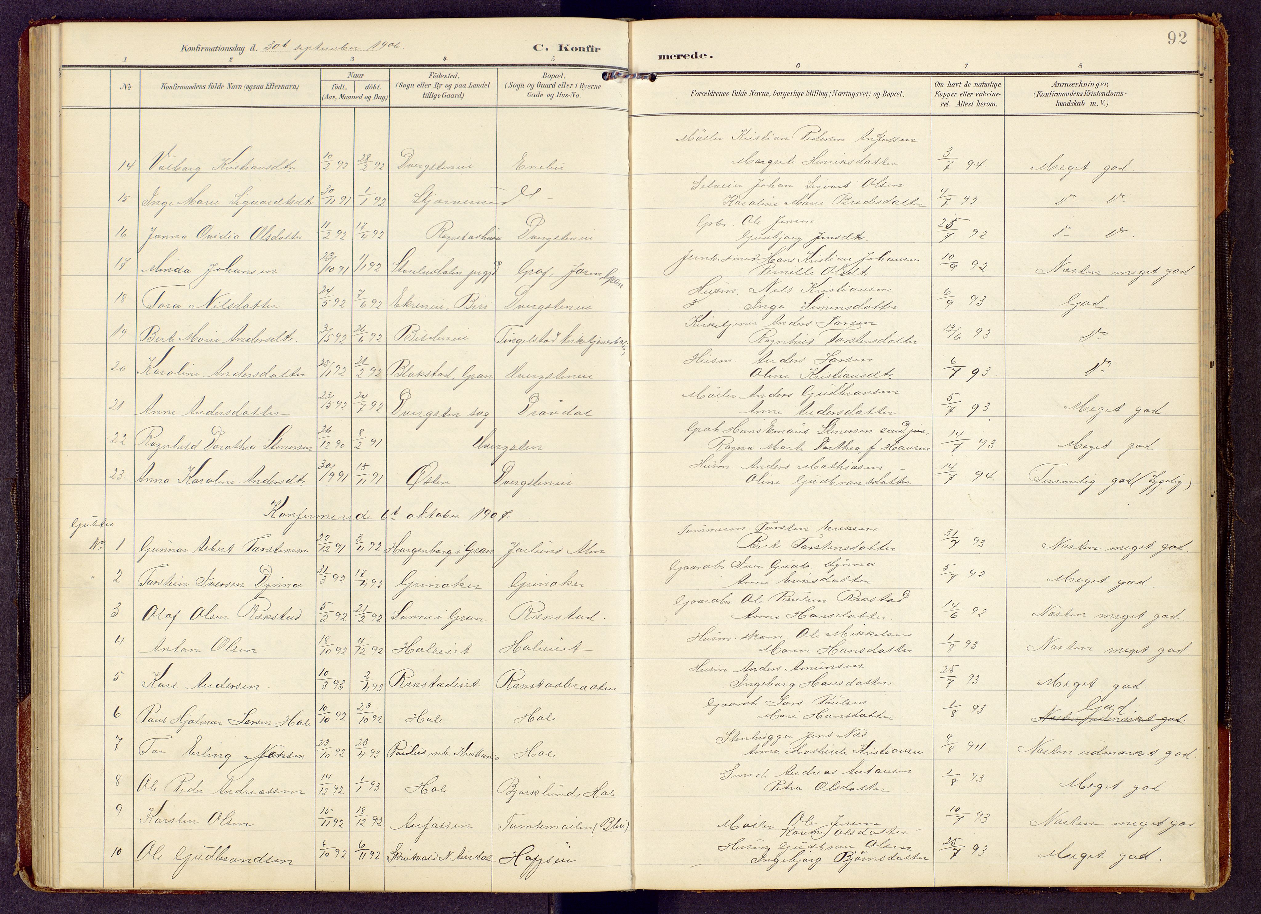 Brandbu prestekontor, SAH/PREST-114/H/Ha/Hab/L0009: Parish register (copy) no. 9, 1903-1916, p. 92