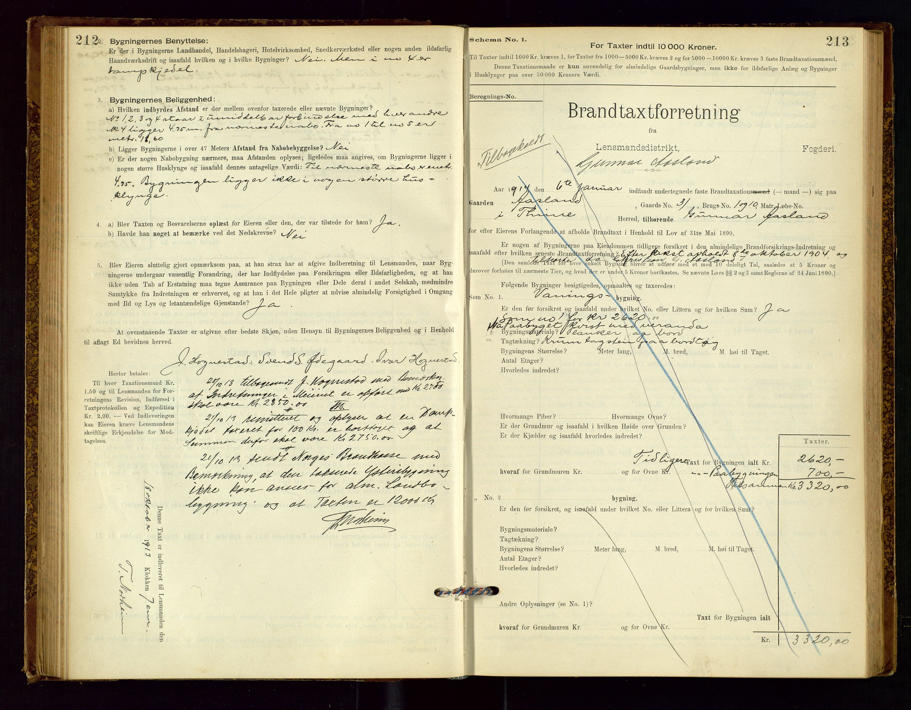 Time lensmannskontor, AV/SAST-A-100420/Gob/L0001: Branntakstprotokoll, 1896-1914, p. 212-213