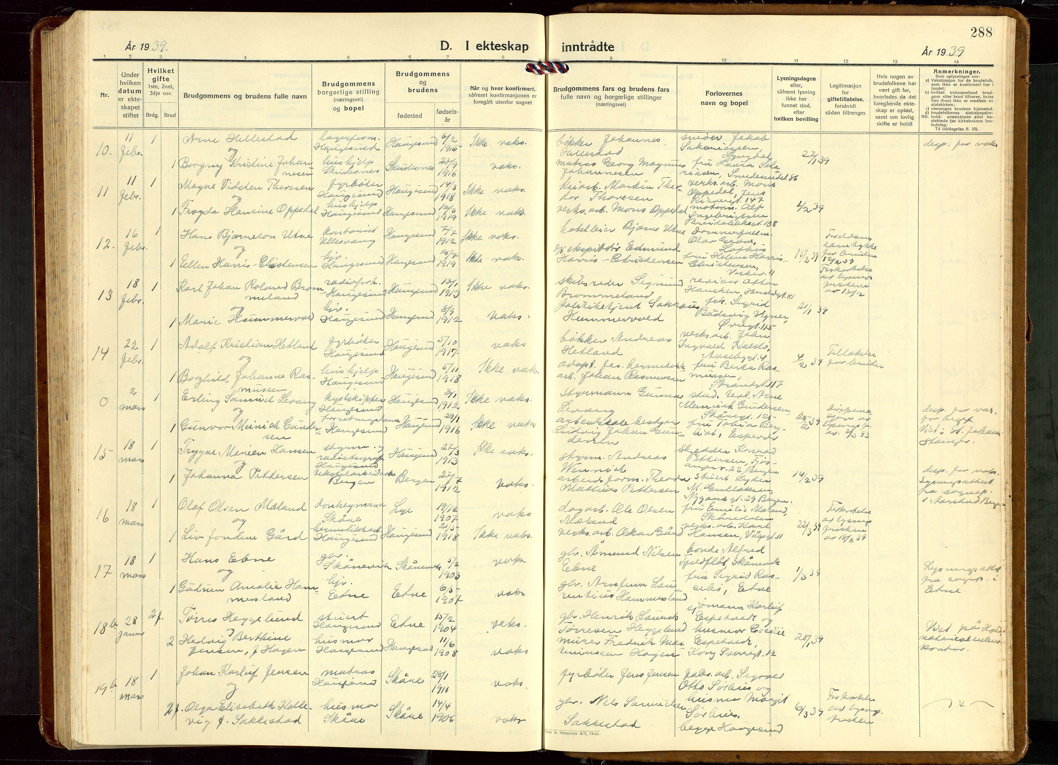 Haugesund sokneprestkontor, AV/SAST-A -101863/H/Ha/Hab/L0013: Parish register (copy) no. B 13, 1931-1943, p. 288