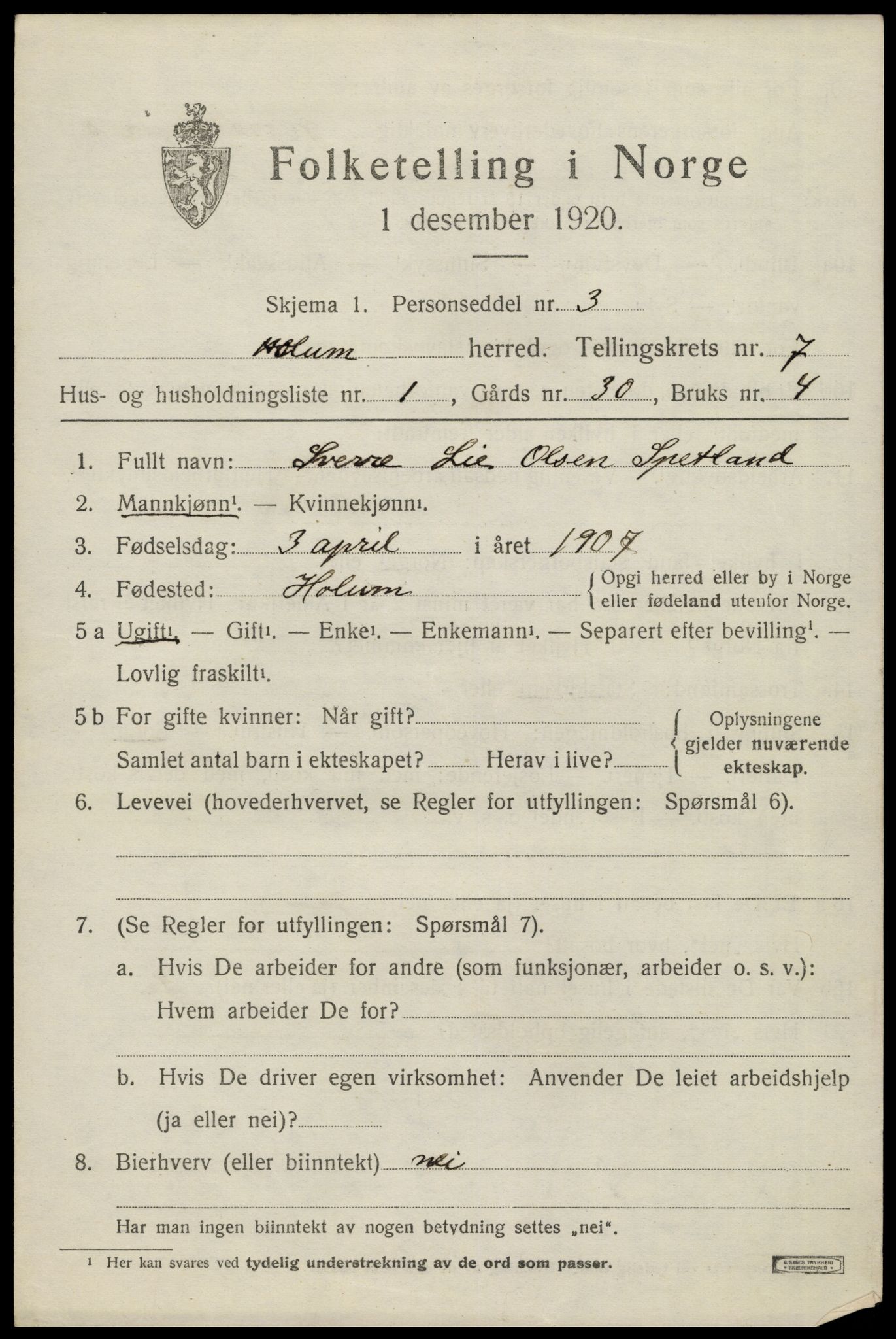 SAK, 1920 census for Holum, 1920, p. 2403