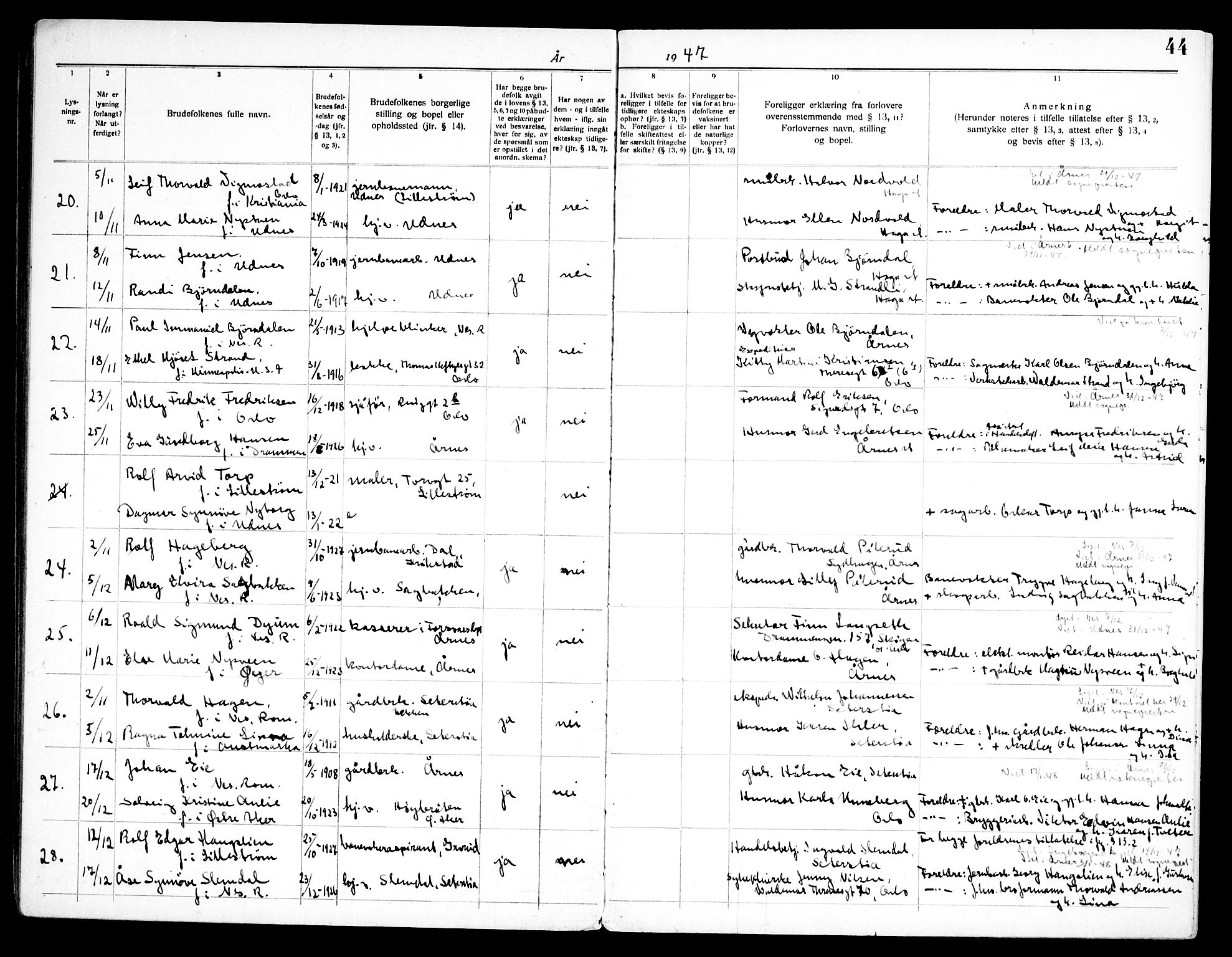 Nes prestekontor Kirkebøker, AV/SAO-A-10410/H/L0004: Banns register no. 4, 1920-1961, p. 44