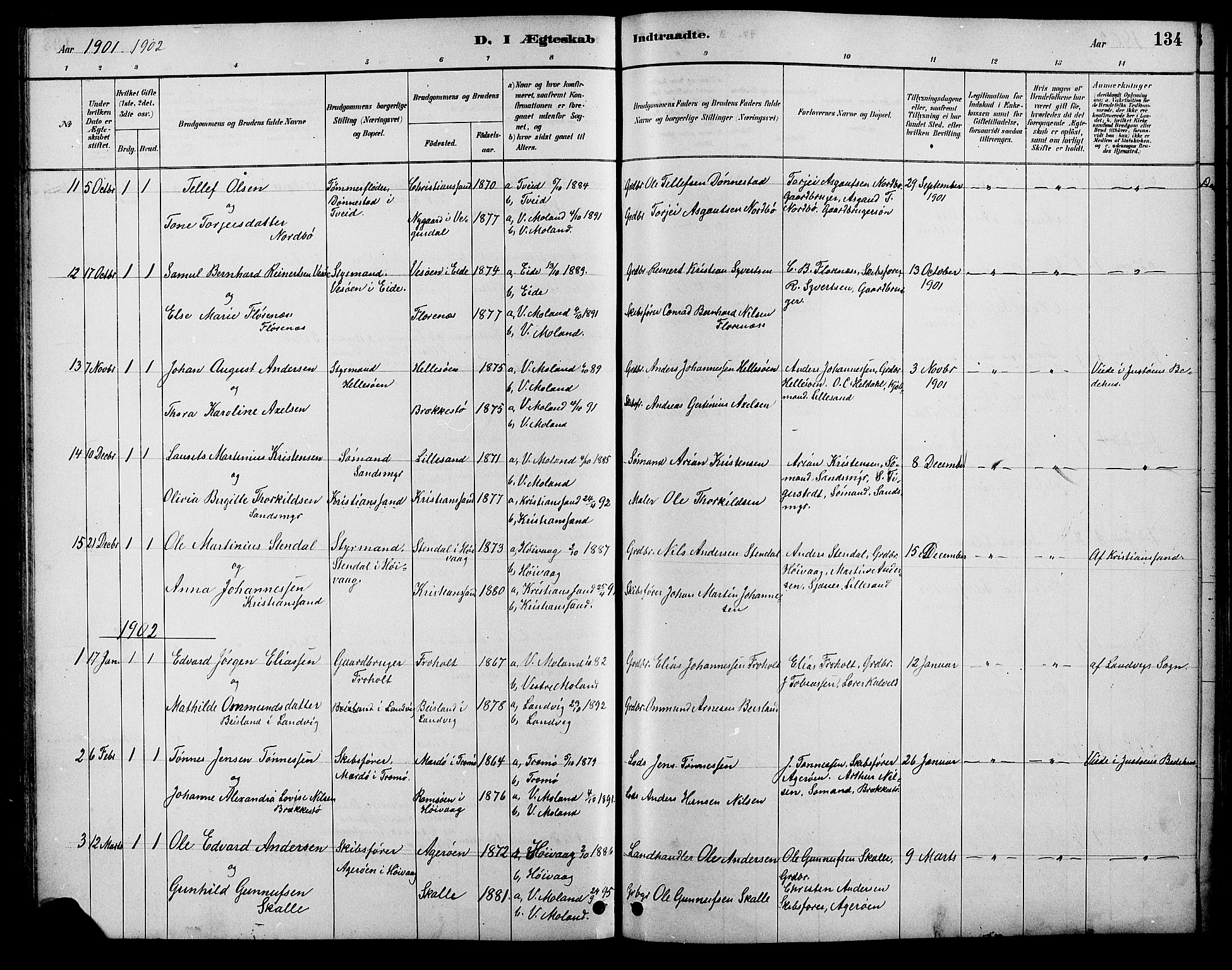 Vestre Moland sokneprestkontor, SAK/1111-0046/F/Fb/Fbb/L0006: Parish register (copy) no. B 6, 1884-1905, p. 134