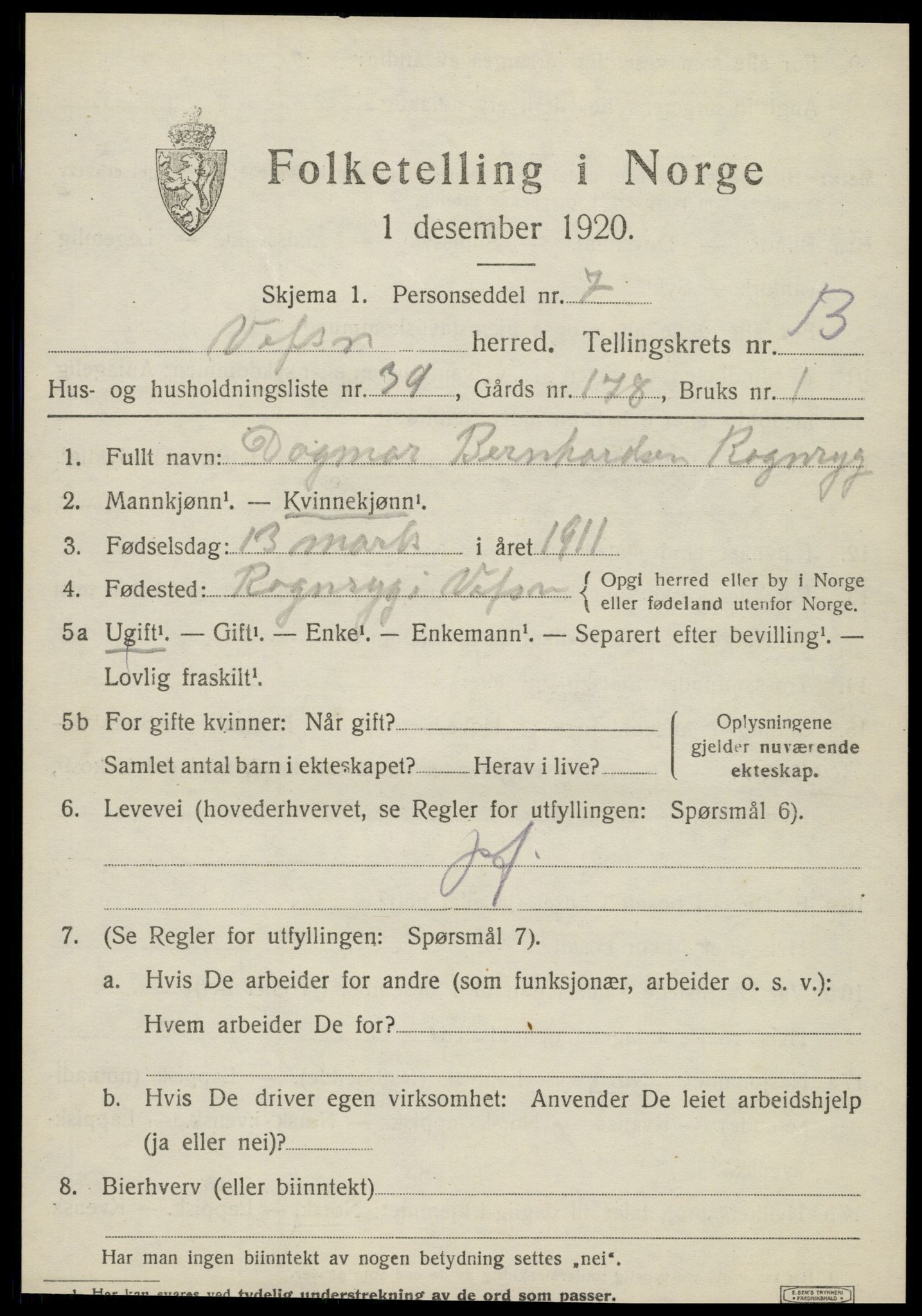 SAT, 1920 census for Vefsn, 1920, p. 10625