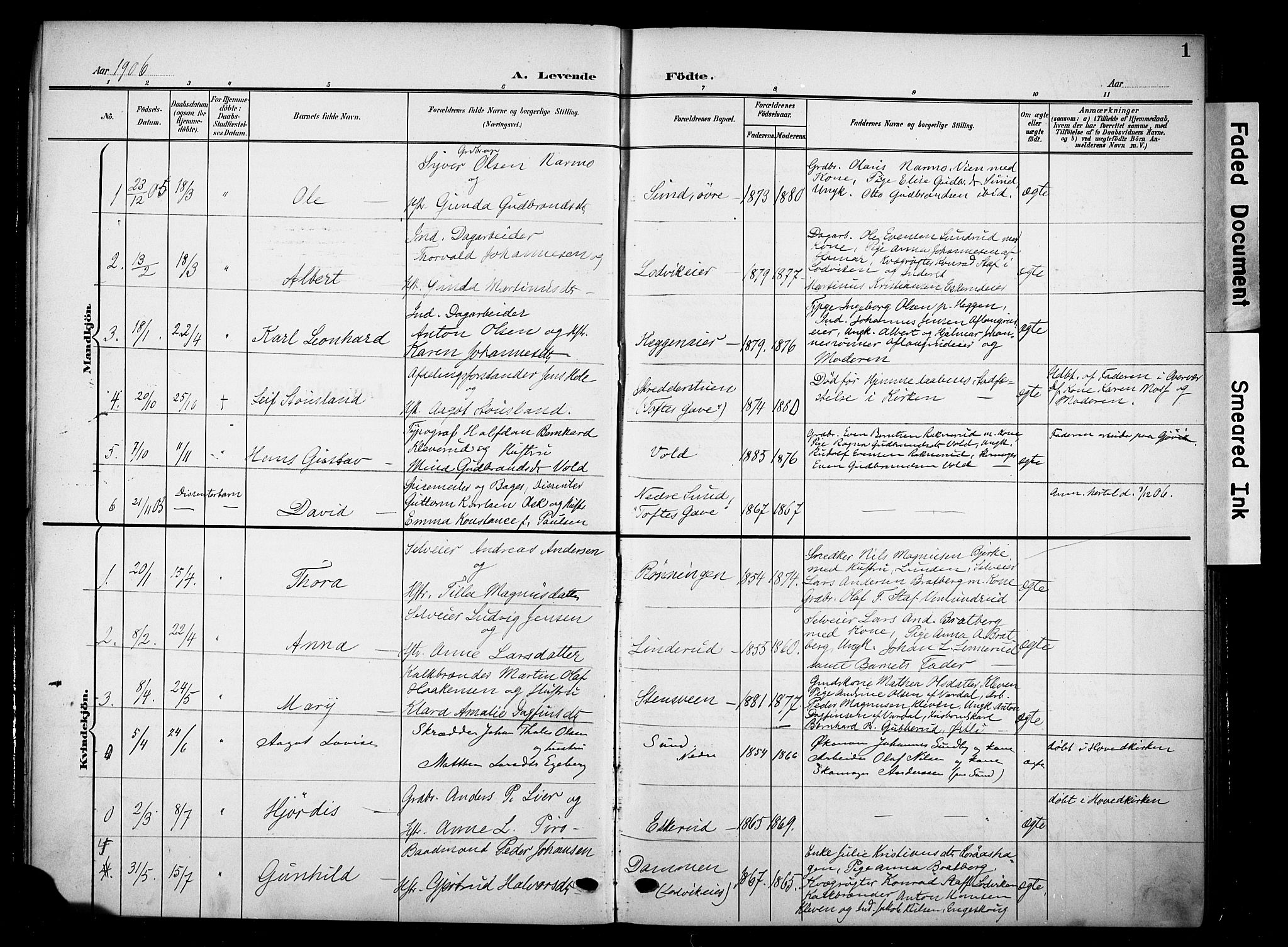 Nes prestekontor, Hedmark, AV/SAH-PREST-020/K/Ka/L0012: Parish register (official) no. 12, 1906-1920, p. 1