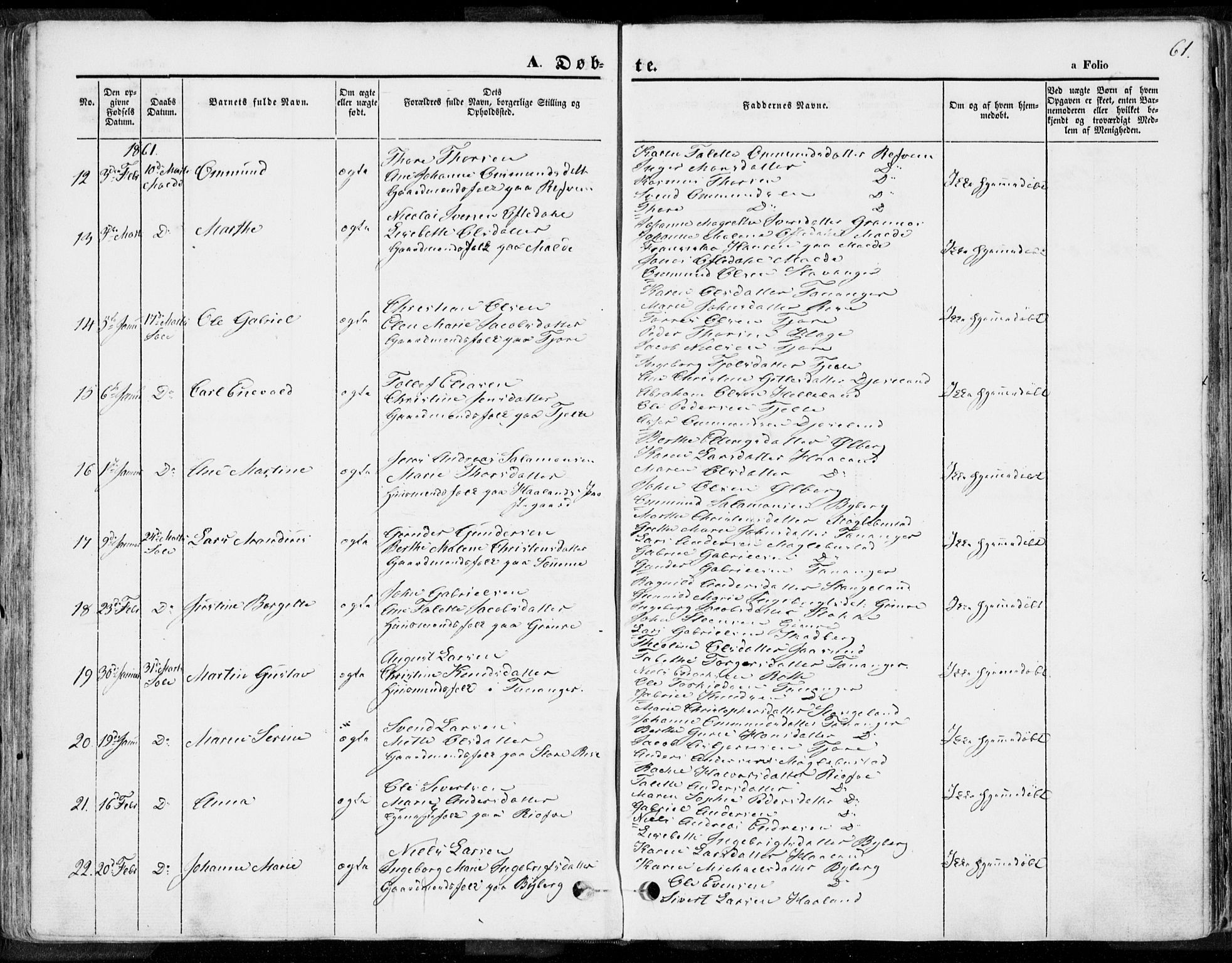 Håland sokneprestkontor, SAST/A-101802/001/30BA/L0007: Parish register (official) no. A 7.1, 1854-1870, p. 61