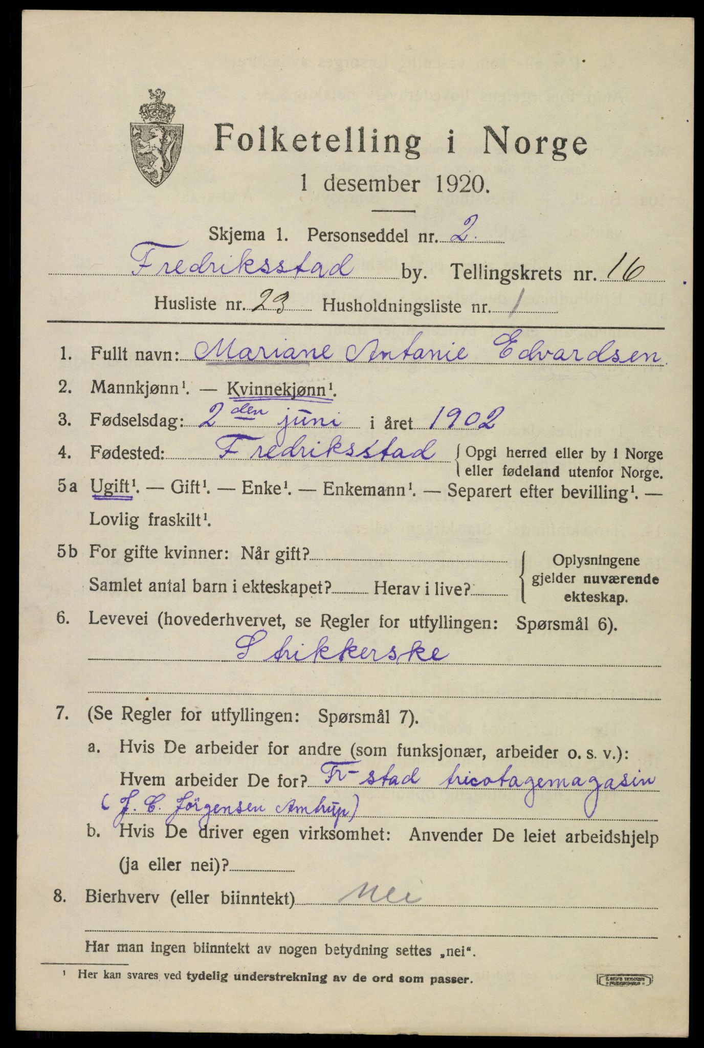 SAO, 1920 census for Fredrikstad, 1920, p. 37437